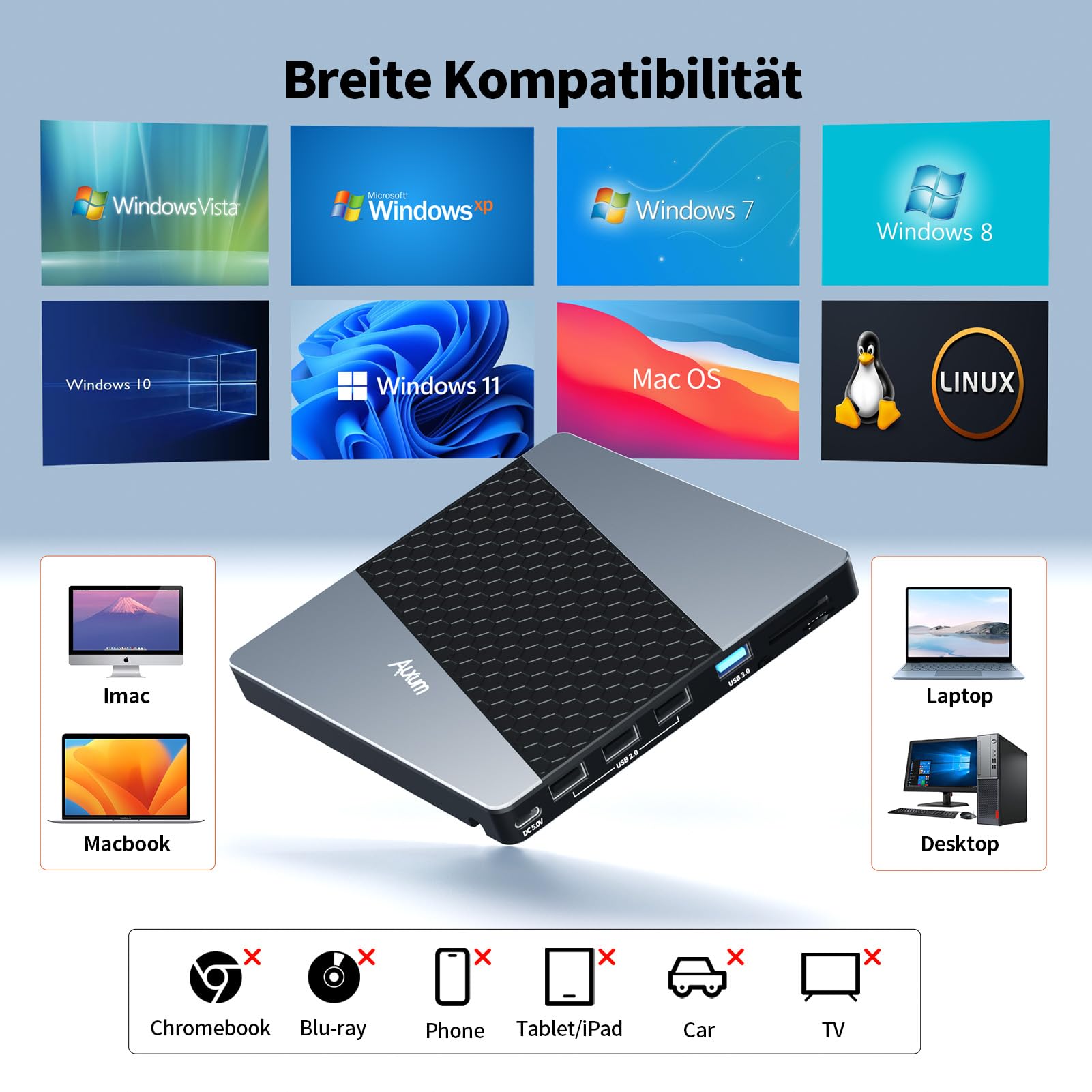 Alxum Externes DVD Laufwerk - USB 3.0 Type C CD Laufwerk extern USB mit SD/TF Kartenleser und USB Anschlüsse, Externer CD Brenner für Laptop,Desktop,MacBook,Windows,Linux,Mac OS,Vista