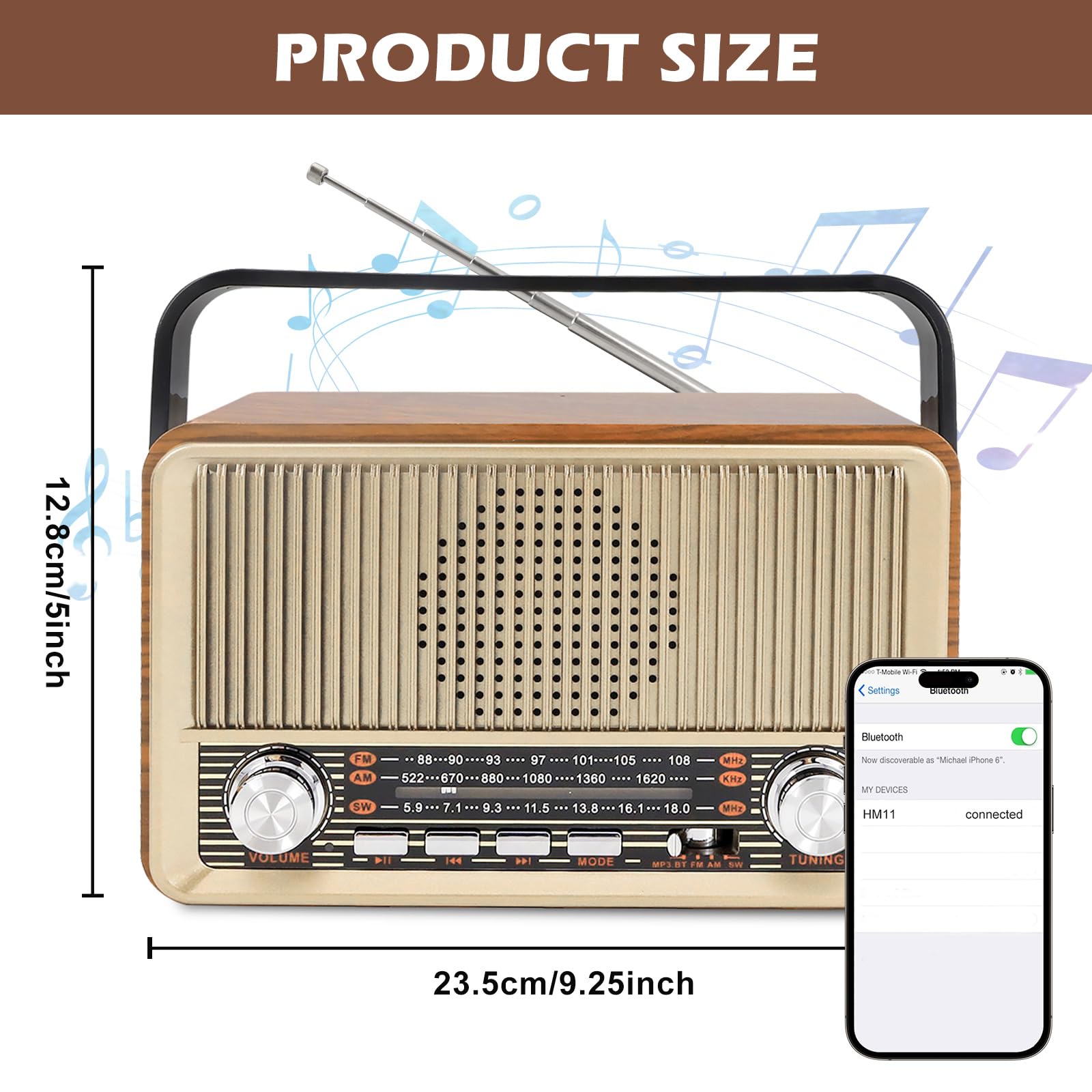 Radio rétro avec Bluetooth, petite radio de valise nostalgie avec AM/FM/SW3, USB/TF/AUX, rechargeable, radio de cuisine, radio vintage pour cuisine, bureau, extérieur