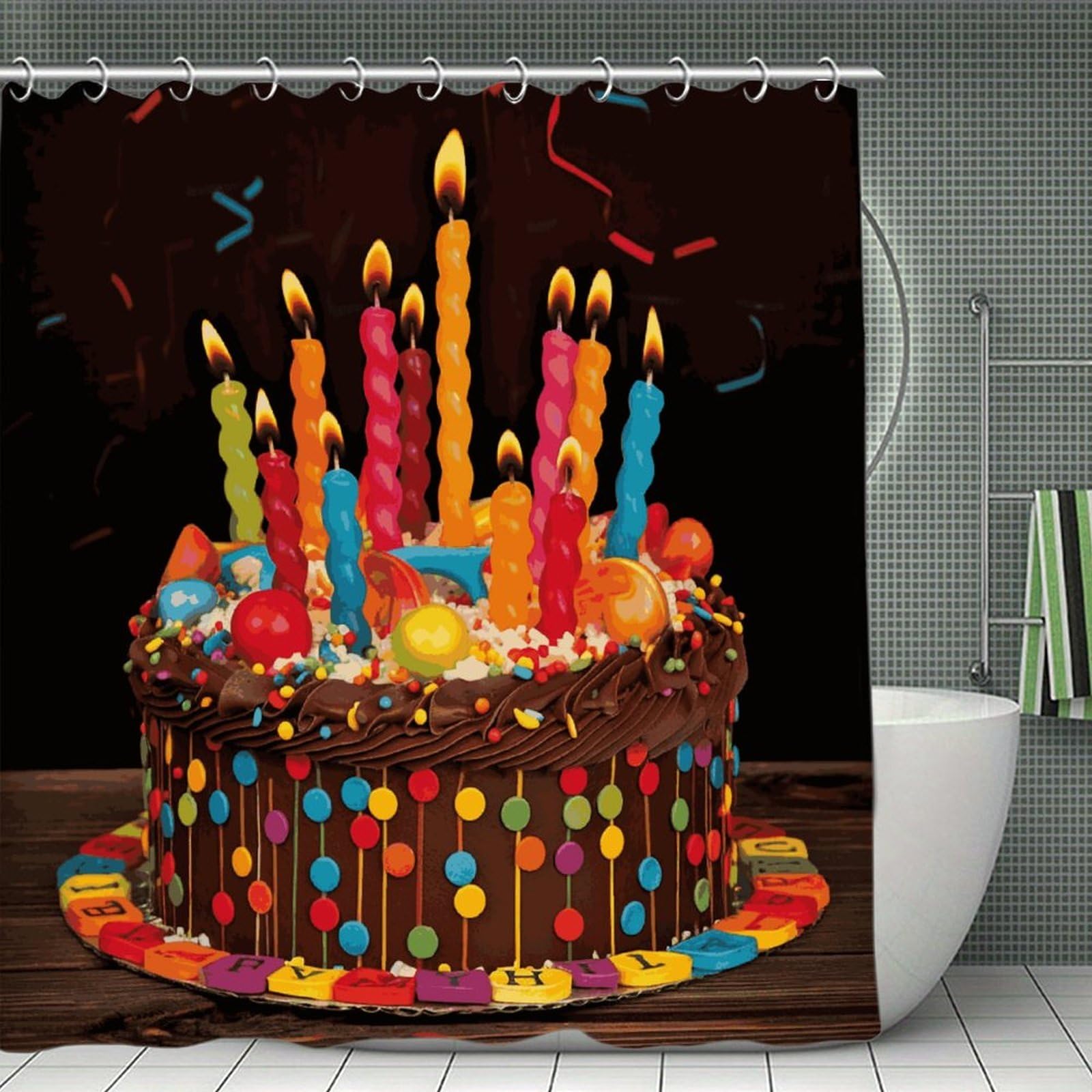 VstaDank Happy Birthday Big Cake Shower Curtain Light-Weight Blackout Bathroom Curtain Washable Shower Liner 71x71 Inch Bath Curtain with Metal Holes Bathtub Bath Room