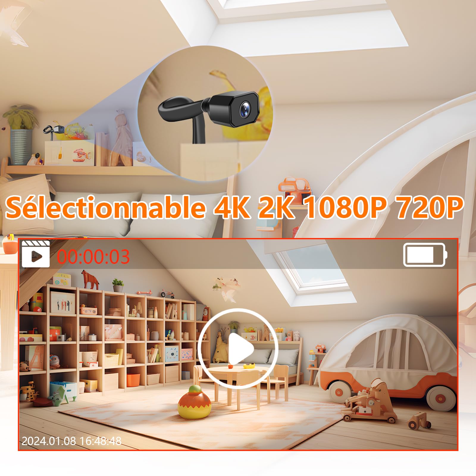 Caméra Espion Mini 4K WiFi sans Fil, Vision Nocturne & Détection Mouvement