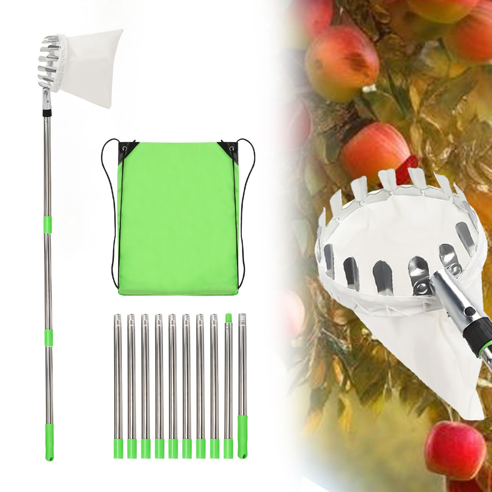 4.2M Apple Picker,Fruit Picker with Telescopic Handle,Fruit Grabber Tool with Stainless Steel Telescopic Stake and Cotton Bag,Fruit Collector Picking Aid, Cherry Picker for Pears (4M)