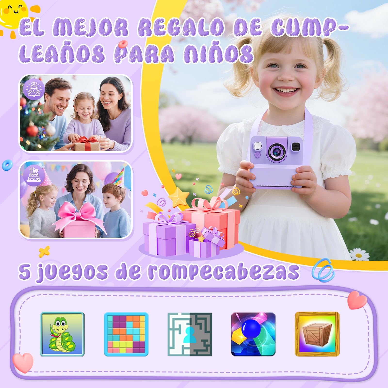 Camara de Fotos Instantaneas,2.4" 1080P HD Camara Fotos Infantil Instantaneas Juguetes Niños 3-12 Años Cámara Instantánea Niños de Foto & Video 1080P & Música&5 Juegos de Rompecabezas 32GB