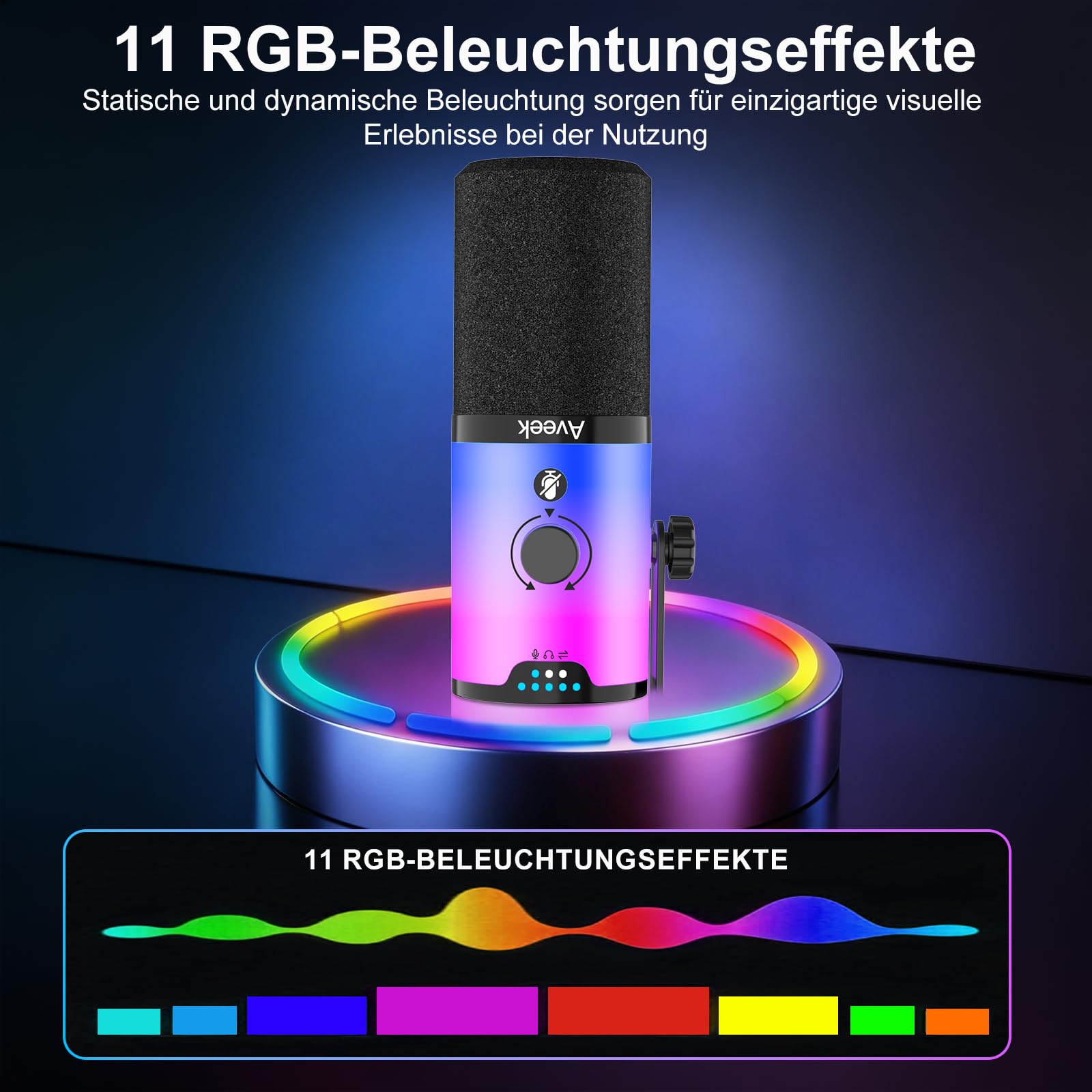 Aveek USB/XLR Dynamisches Mikrofon mit Arm für Gaming und Streaming | RGB-Beleuchtung, Geräuschunterdrückung, Stummschaltung per Knopfdruck, Monitor-Mix und Kopfhöreranschluss für PC und PS5