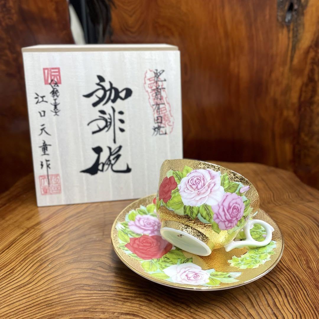 数量限定有田焼 金龍窯 江口天童 コーヒーカップ金彩薔薇絵 珈琲碗共箱