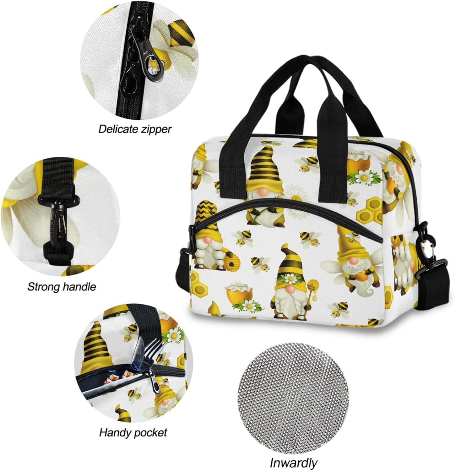 Gnome Bees Honey Insulated Lunch Tote Bag Reusable Cooler Lunch Box with Shoulder Strap for Work Picnic School Beach