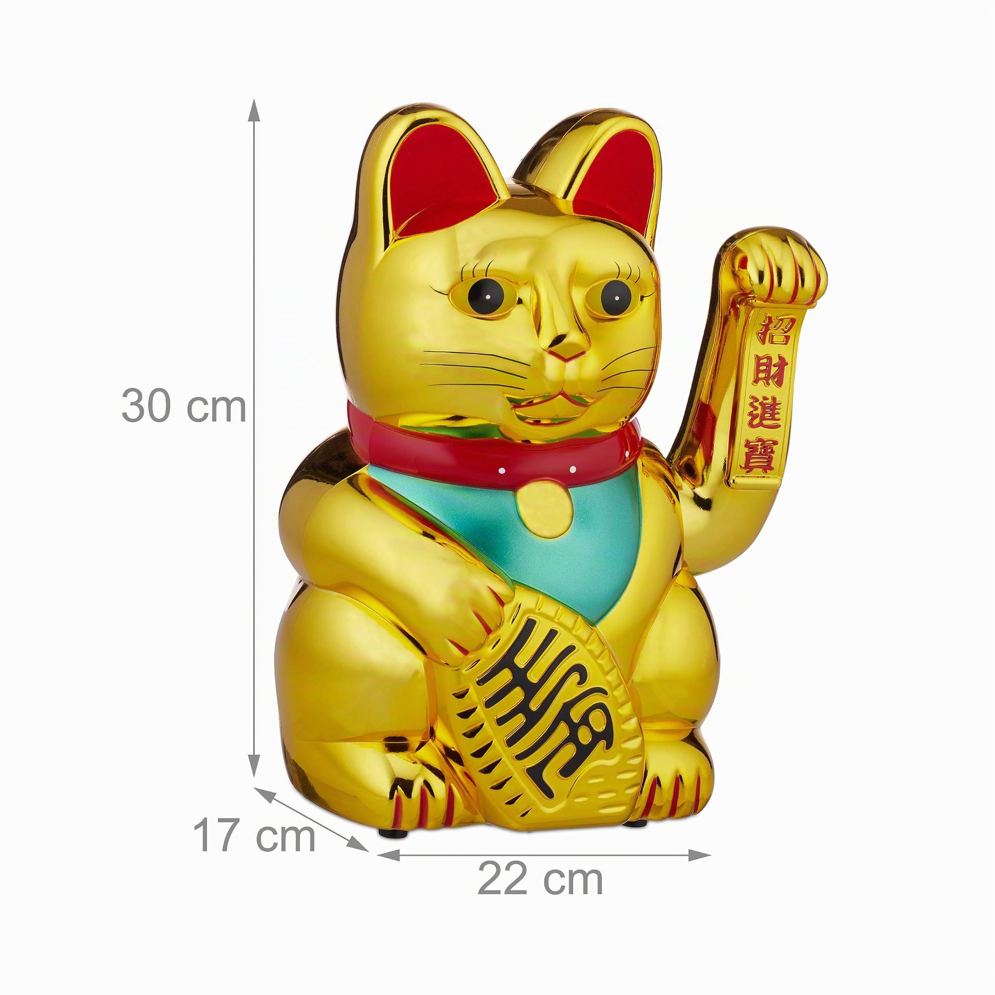 Relaxdays Chat Japonais, Maneki Neko XL, Patte Mobile Fonctionne à Piles, Porte-Bonheur pour Richesse/succès, 30cm, doré