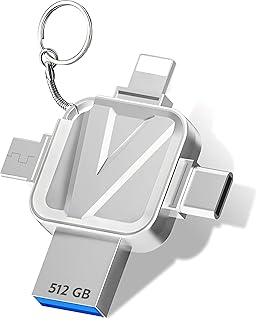 512GB 4-in-1 Universal Flash Drive, USB 3.0, Compatible with iPhone, Android, PC and USB-C Devices, Portable Keychain Memory Stick, Silver Metallic