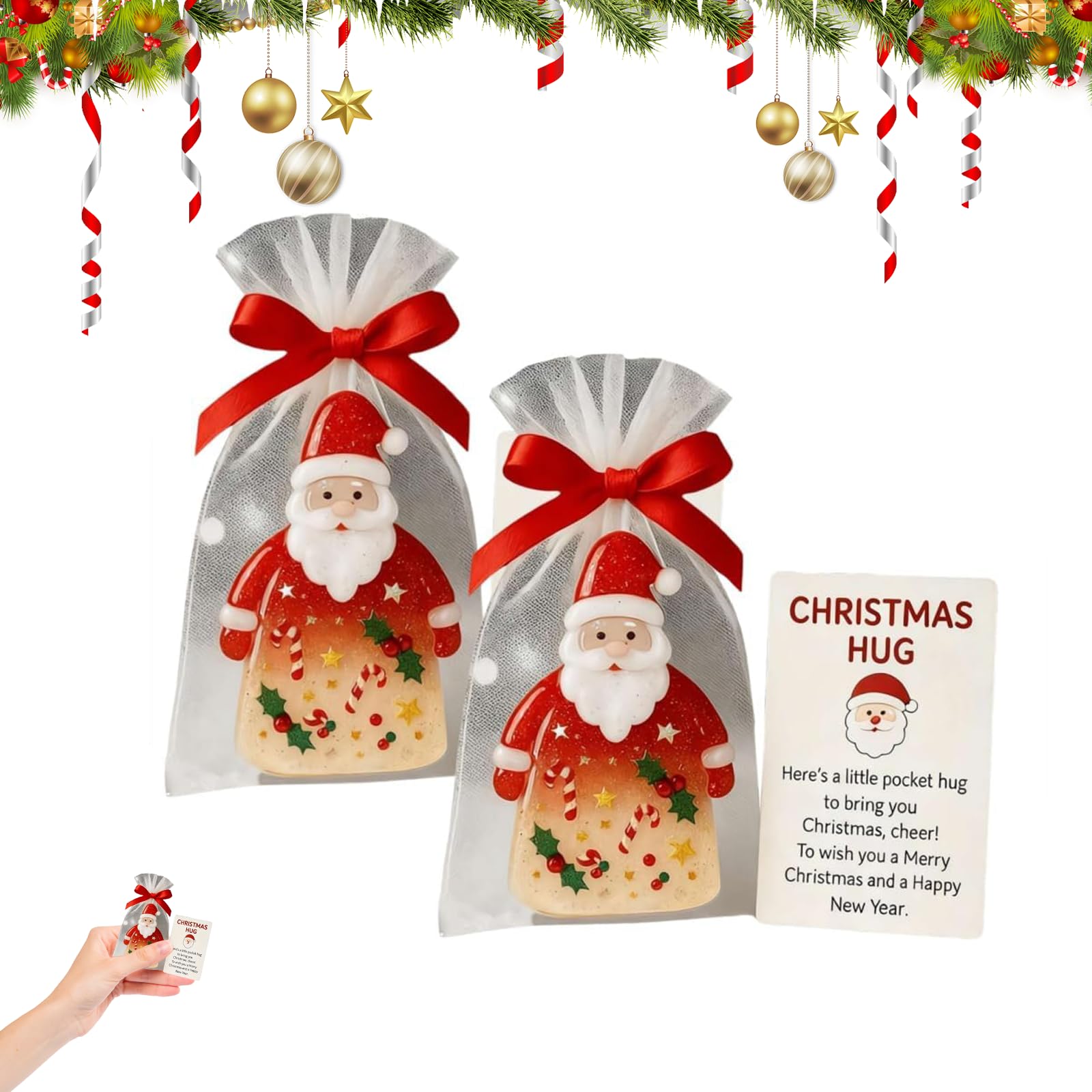 Little Pocket Christmas Hug,Christmas Pocket Hug Gifts with Encouragement Cards,Santa Claus Charm Ornaments,2025 Unique Holiday Cards,Sentiment Support Keepsake for Friends Family Coworkers (2pcs)