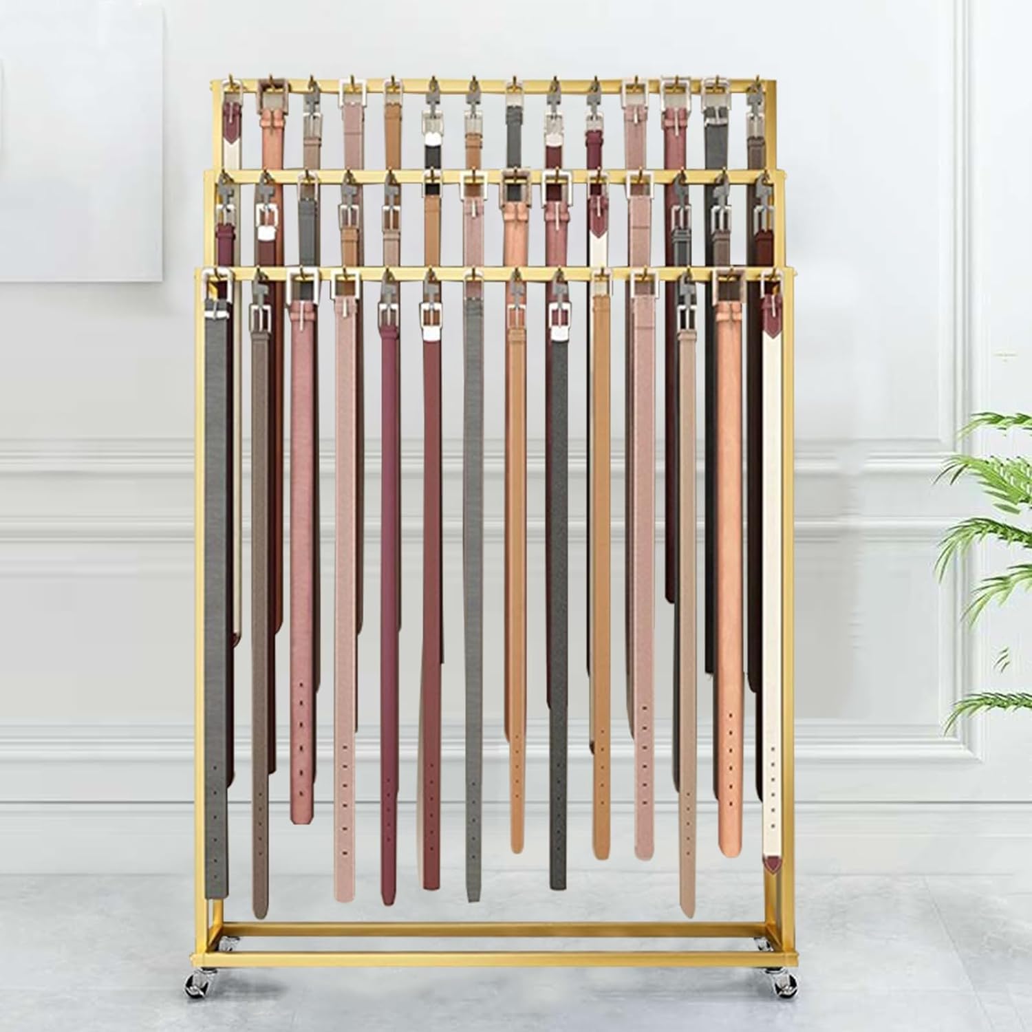 Bodenmontierter Gürtelhalter, doppelseitiger Ständer für Krawatten, Schals, Tücher und Handtaschen, Metall-Krawattenhalter, Herrenschrank-Aufsteller, Organizer, Gold, 100 x 40 x 150 cm