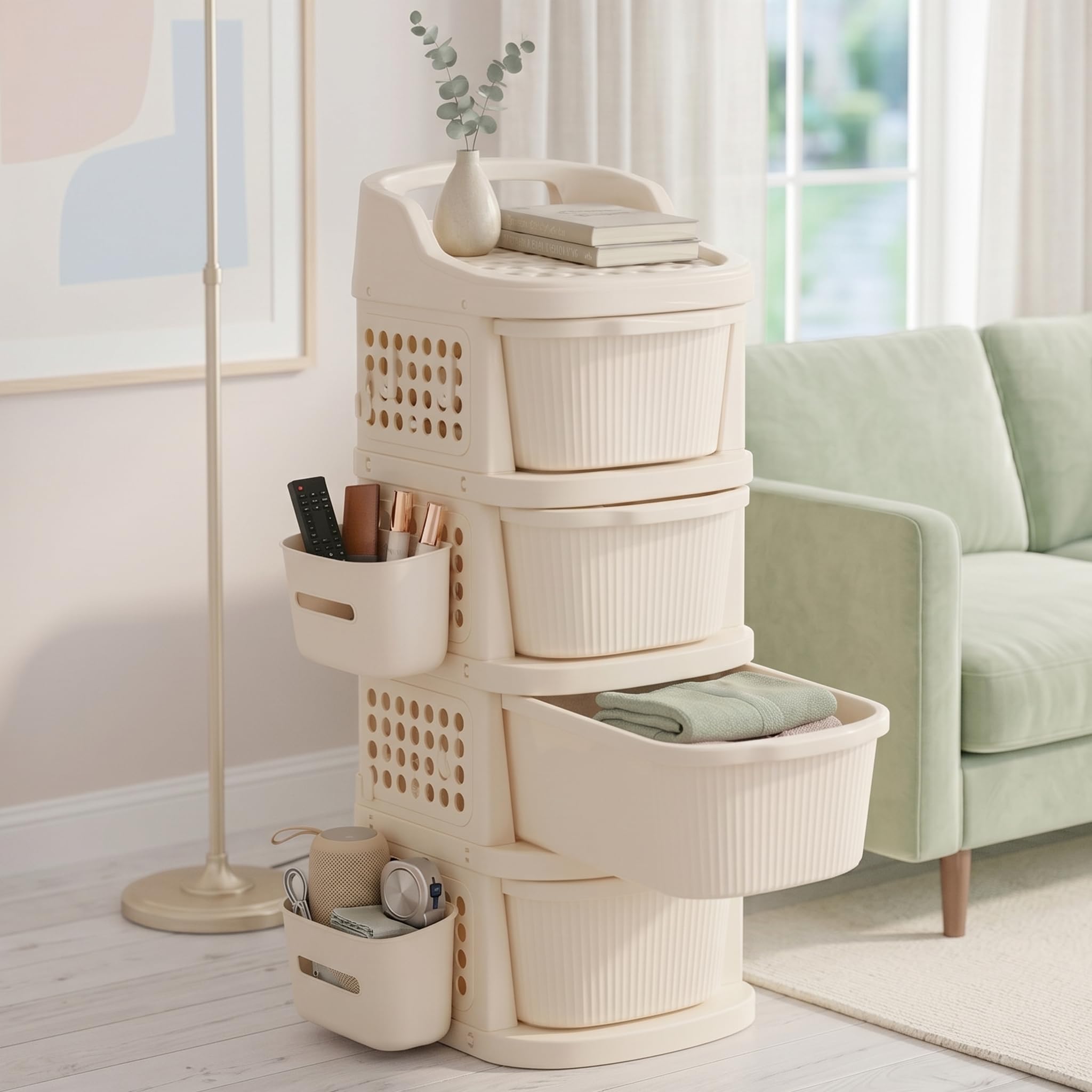 TEX-RO 4 Layer Plastic Drawer Cabinet with Wheels & Side Hooks | Stackable Storage Trolley Organiser for Kitchen, Bedroom, Bathroom | Multipurpose Drawers Organisers Rack with Basket - Ivory
