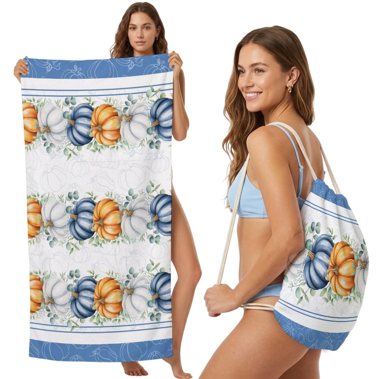 FWJZDSP 2-in-1 Beach Towel Backpack,Thanksgiving Pumpkin Eucalyptus Leaves Bath Towel with Built-in Storage Village Blue Convertible Foldable Beach Blanket for Travel Pool Gym Camping Swim,31x63in