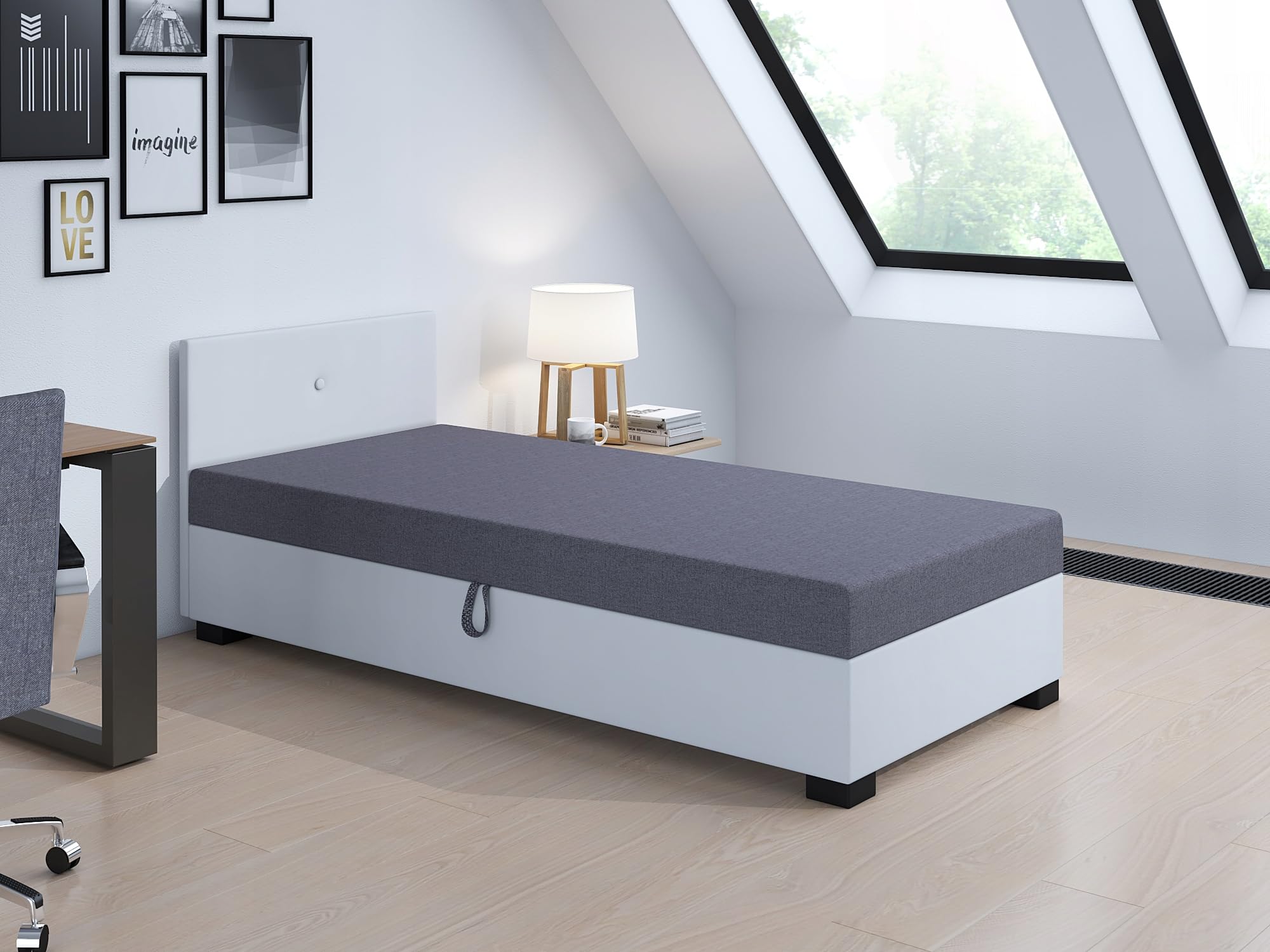 Boxspringbett Lola 80x200x38 cm mit Schaumstoff Matratze, Bett mit Matratze, Polsterbett mit Bettkasten, Gepolstertes Einzel Bett, Schlafsofa - Weiß mit Grau