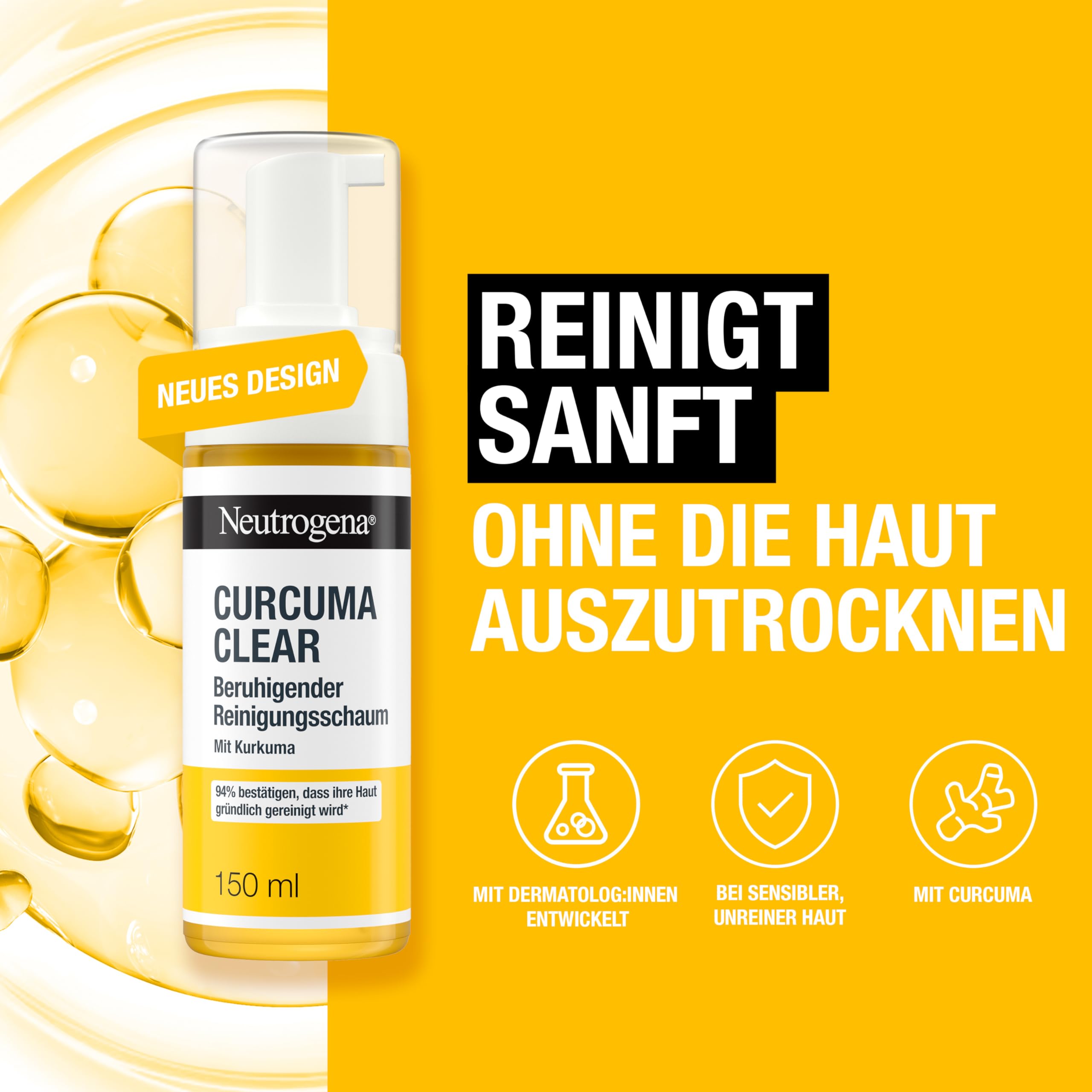 Neutrogena Curcuma Clear uspokajająca pianka czyszcząca, środek do czyszczenia twarzy, żel do mycia, zanieczyszczona i wrażliwa skóra, 150 ml