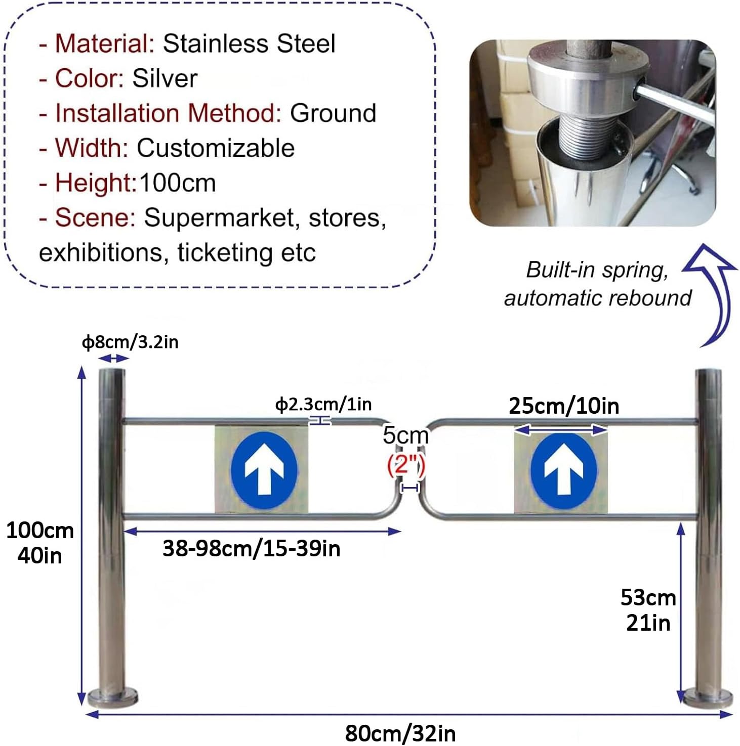 Automatic Swing Gate - Stainless Steel Safety Door with Rebound Spring-Loaded Mechanism for Libraries, Stores, and Commercial Spaces - and Secure Access Solution