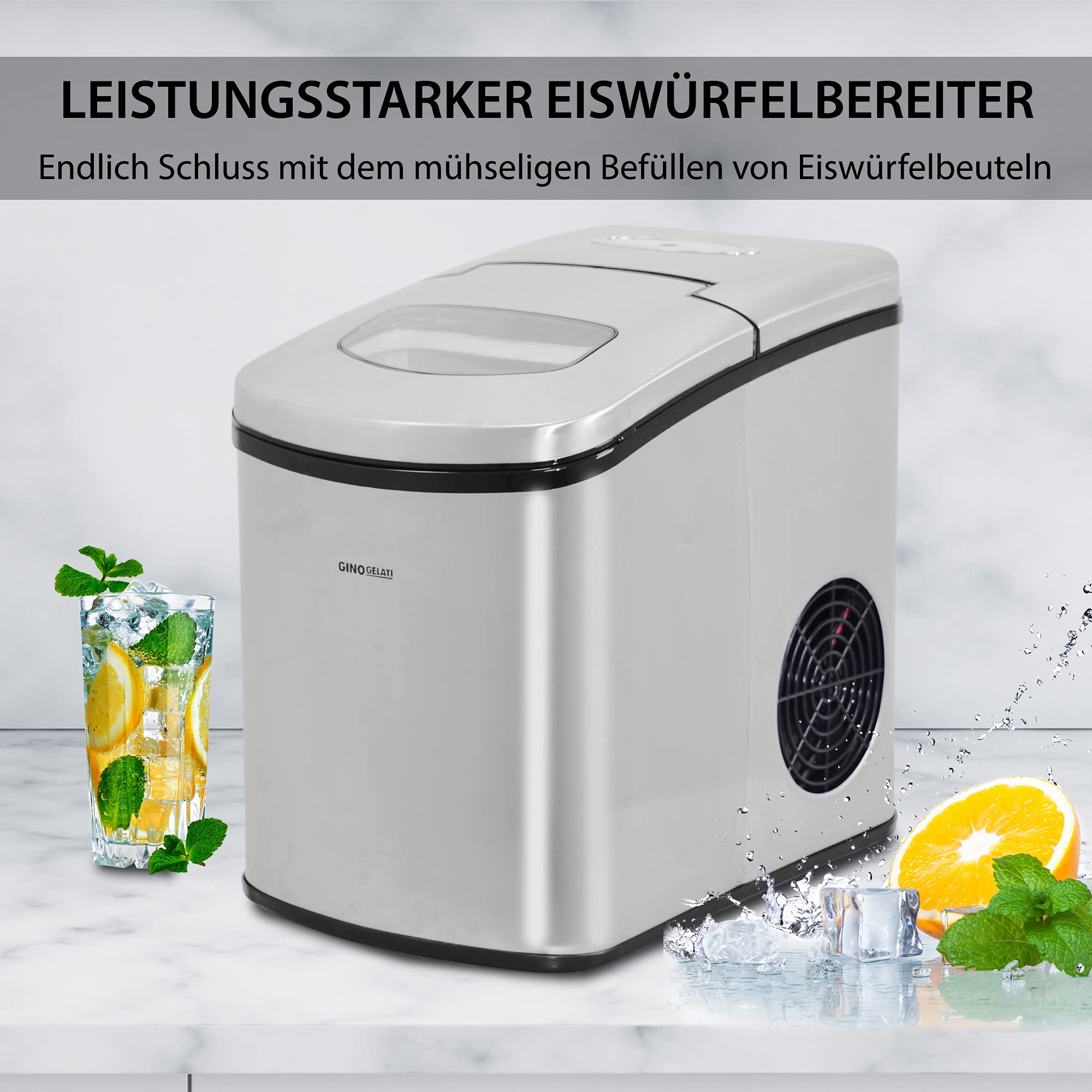 Gino Gelati GG-175W Digitaler Edelstahl Eiswürfelbereiter Eiswürfelmaschine Icemaker max. 15 Kg/24 h