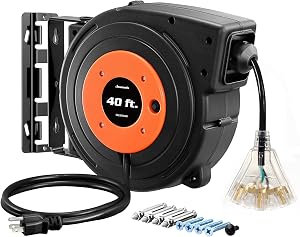 DEWENWILS Retractable Extension Cord Reel, 40 FT Heavy Duty Power Cord, 12AWG/3C SJTOW, 3 Grounded Outlets Lighted Triple Tap, 15 Amp Circuit Breaker, UL Listed