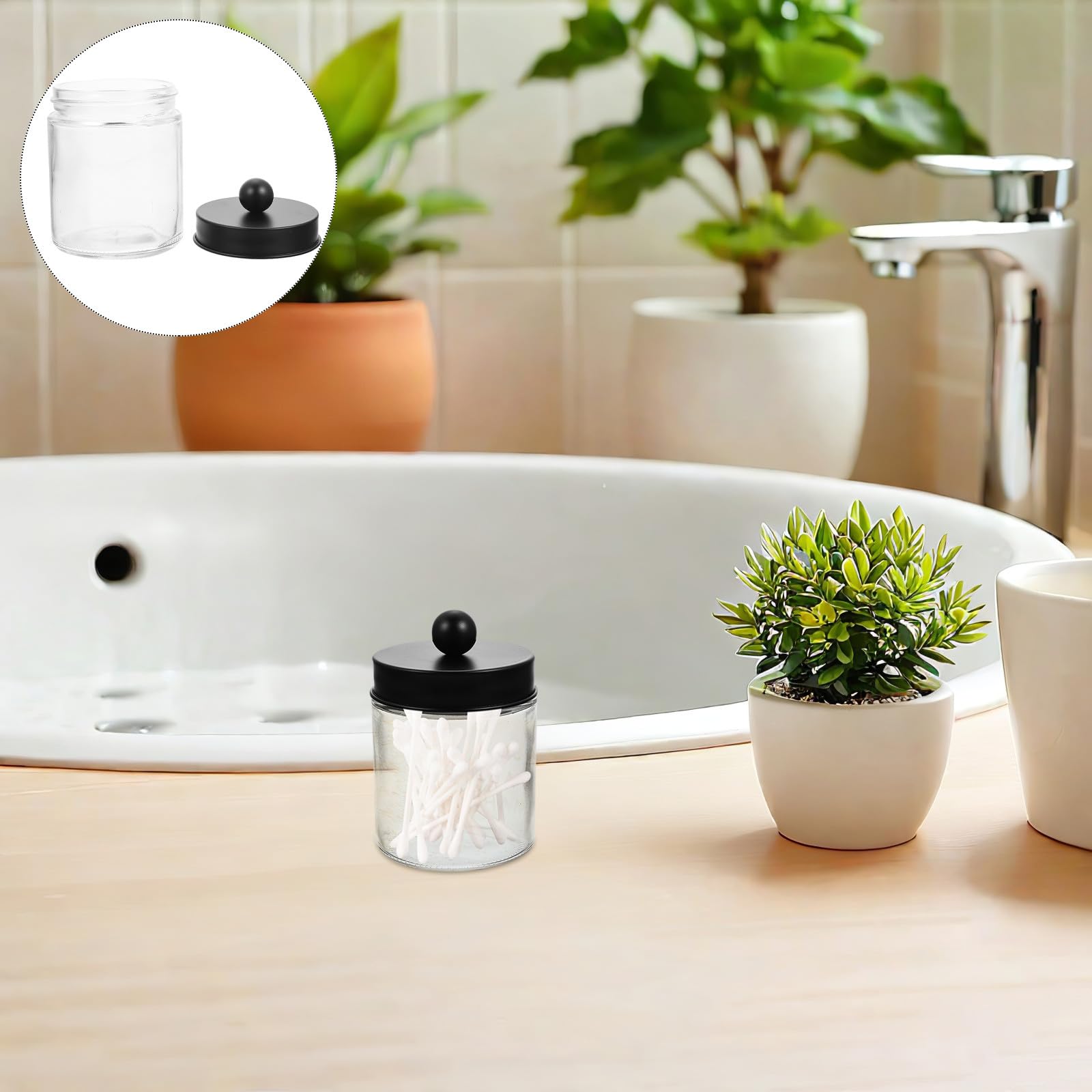 BETOOKY Glas Vorratsgläser und Wattestäbchenspender mit Edelstahldeckel 3 Stück Transparenter Wattepadhalter Leichtes Design für Badezimmer und Verschiedene Orte