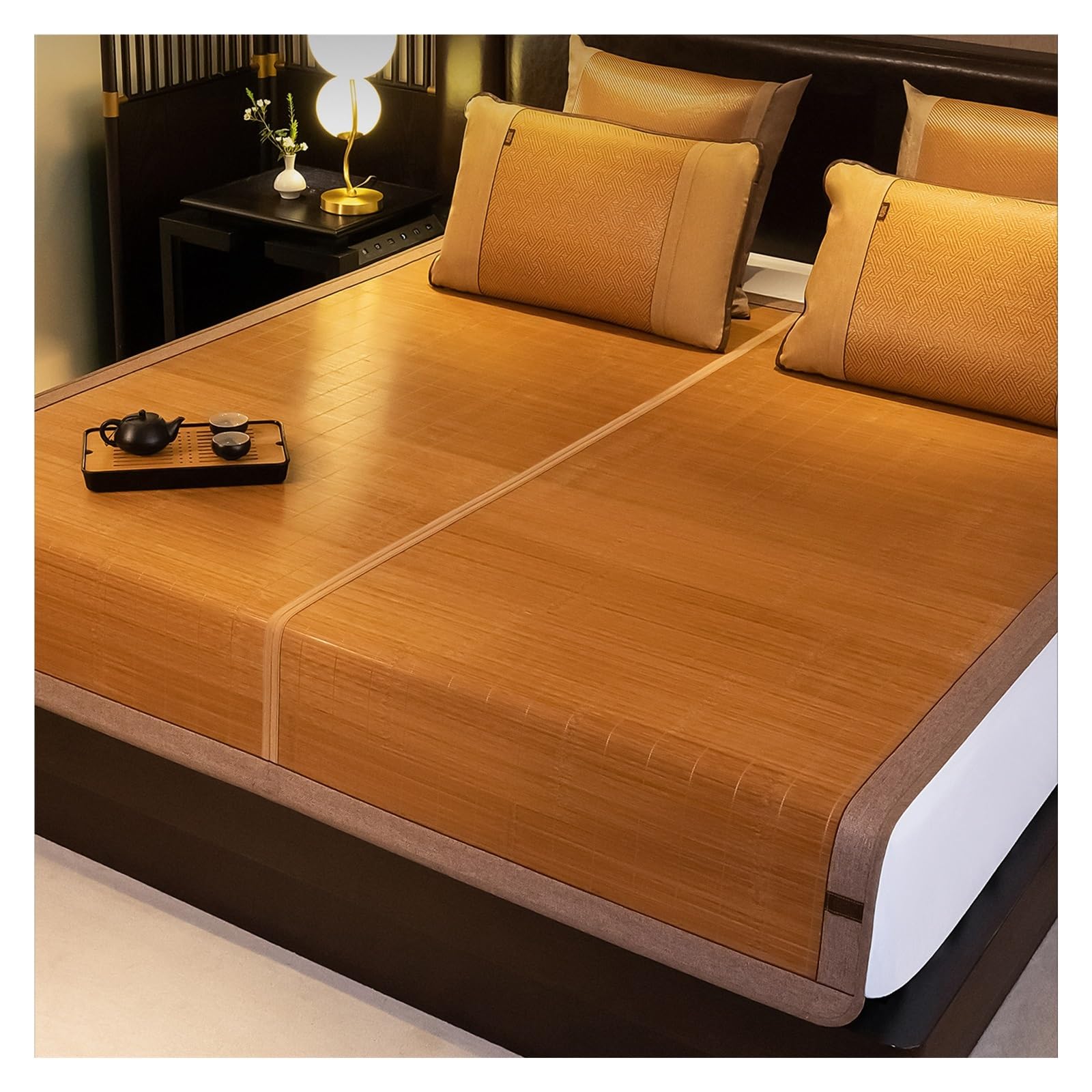 Summer Bamboo Sleeping Mat Cooling Mattress Topper,Double Sided Rattan Bed Pad Cover with Rattan Pilowcase,Foldable Breathable Air Conditioning Mat for Home Dorm(71 x 78.7inch)