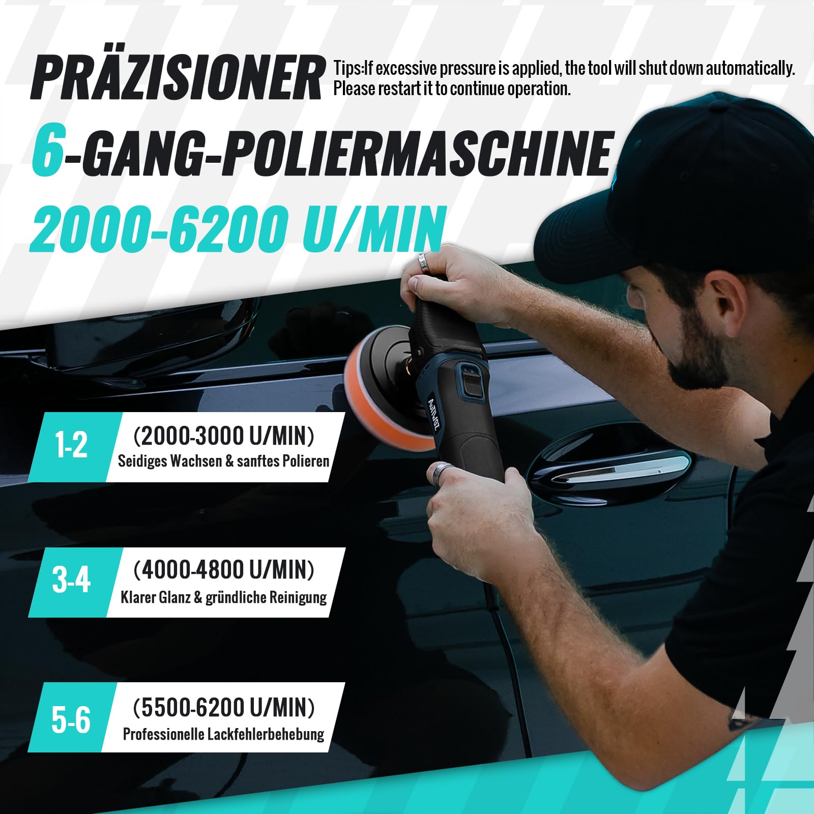 Mini Poliermaschine Auto, AUTIWOZ 630W Polierer mit 6 Variable Geschwindigkeit 2500-4500 RPM, Seitengriff, 100mm/125mm Polierschwamm/Wollscheibe/Schleifpapier, zum Polieren von Auto