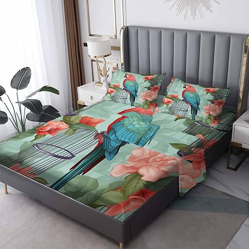 Juego de sábanas para cama tamaño King, diseño floral de pájaro, sábanas y fundas de almohada de 4 piezas, sábana bajera ajustable de microfibra