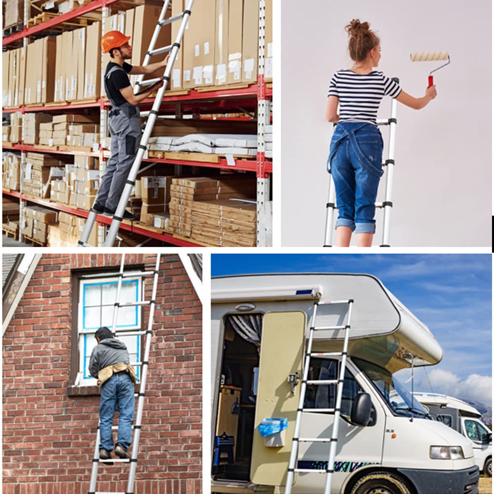 6.2M Échelle Télescopique avec 2 Crochets Amovibles Portable Échelle Pliant en Aluminium Telescopic Ladder EN131 pour Attic/Grenier 150kg Charge (Couleur d'origine Argent)