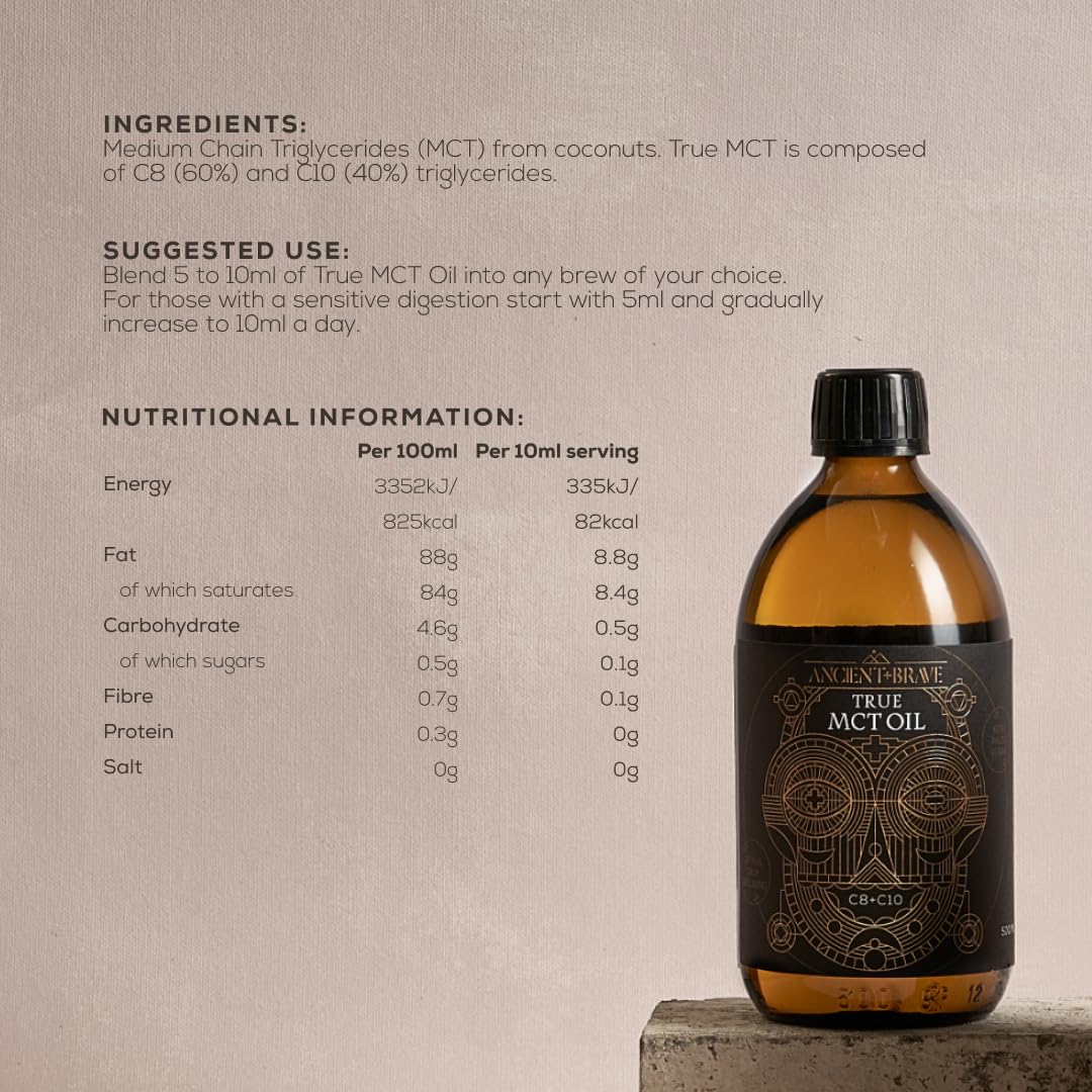 Ancient + Brave - True MCT Oil - 500 ml - Mélange de C8 et C10 Puissant, Huile de Coco 100 % Pure - Régime Céto & Paléo, Jeûne Intermittent - Végétalien - Énergie et Clarté Mentale