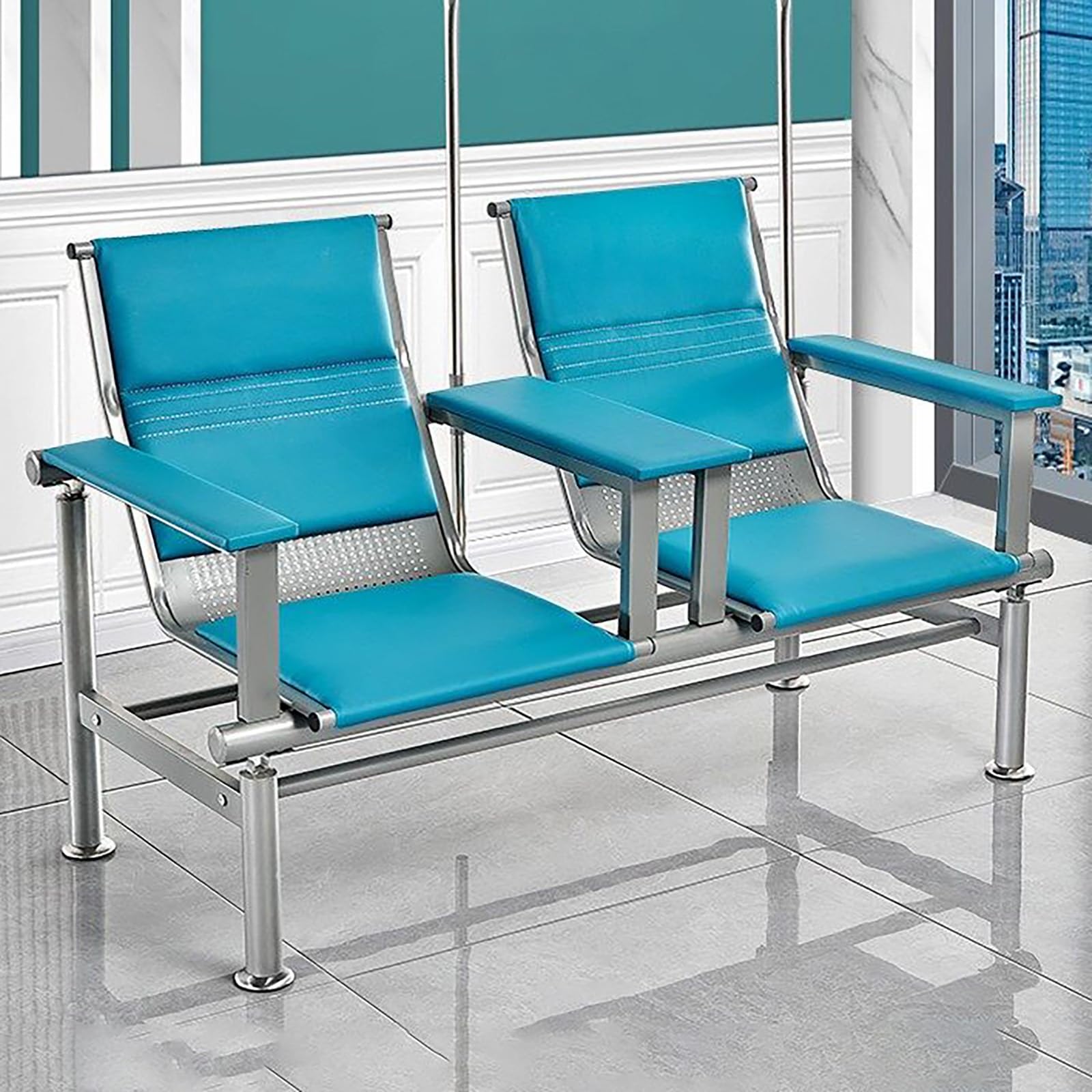 Waiting Room Chairs,Premium Phlebotomy Chair with Armrests, Comfortable Leather Infusion Chair, 2-Seat Waiting Room Bench with IV Pole, Ideal Reception Seating for Lobbi(A-blub1-leather Armrest)