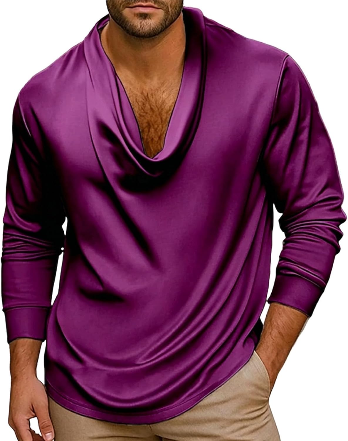 Mens Elegant Satin Cowl Neck Blouse Fall Long Sleeves Casual Business Dressy Shirts Lightweight Office Work Top