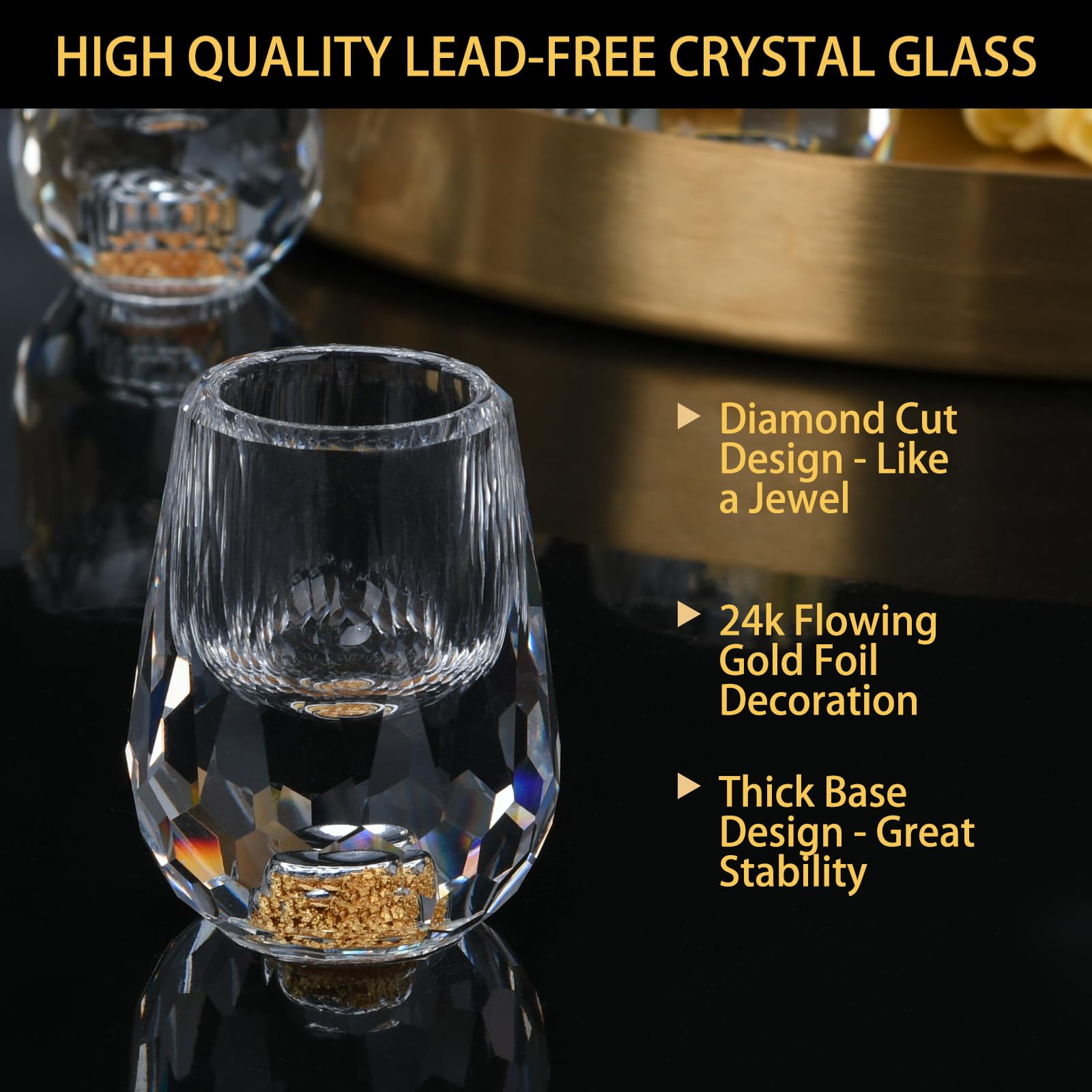 BSDLZCH Crystal Shot Glasses Set of 6, 15ml Reusable Gold Glass with Heavy Base, Decorated with 24K Gold Leaf Flakes - Image 3