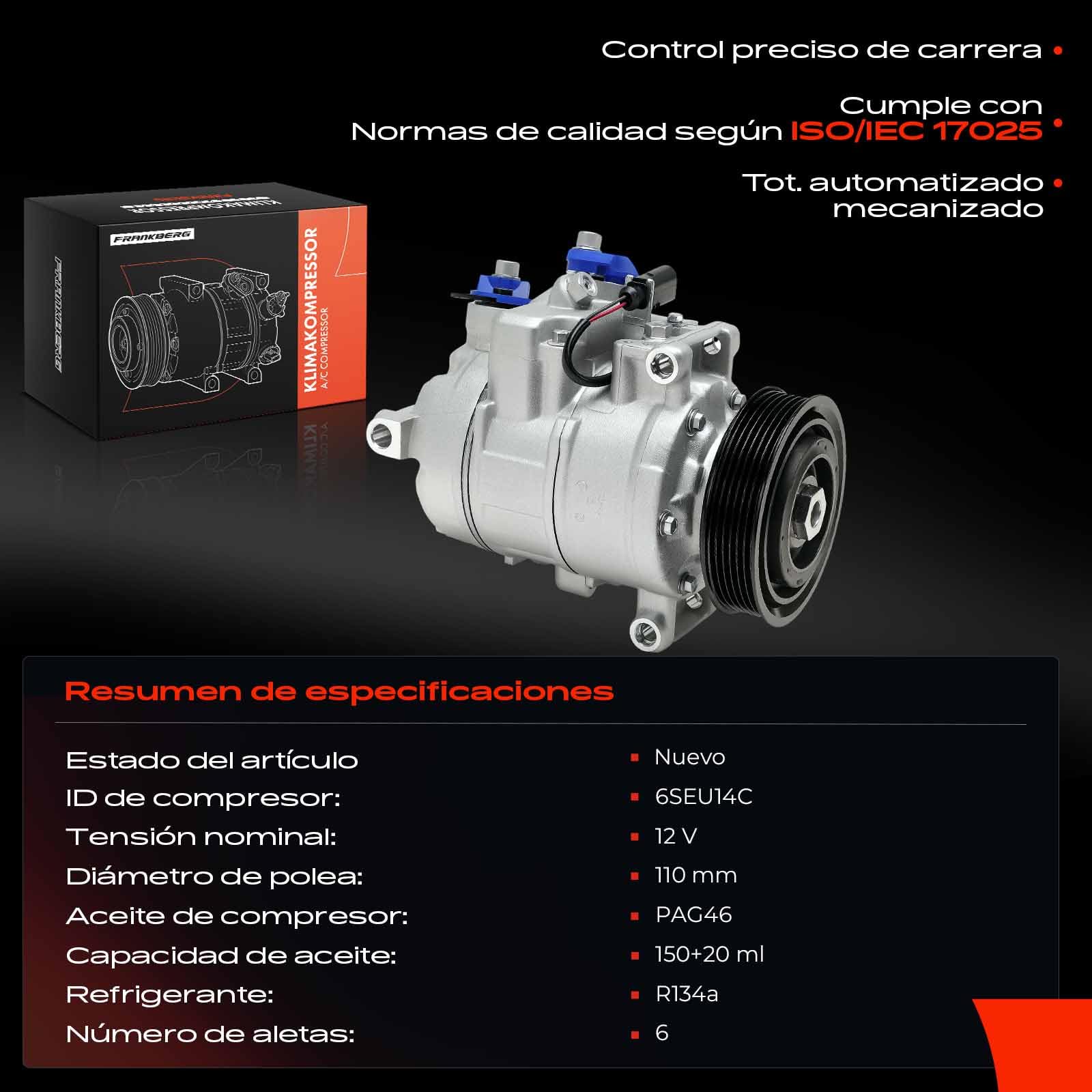 Frankberg Compresor de aire acondicionado con embrague, diésel 7L6820803J | Compatible con: C.a.y.e.n.n.e 9PA, T.o.u.a.r.e.g 7P5 7P6, Q7 4LB, T.o.u.a.r.e.g 7L6 7L7 7LA