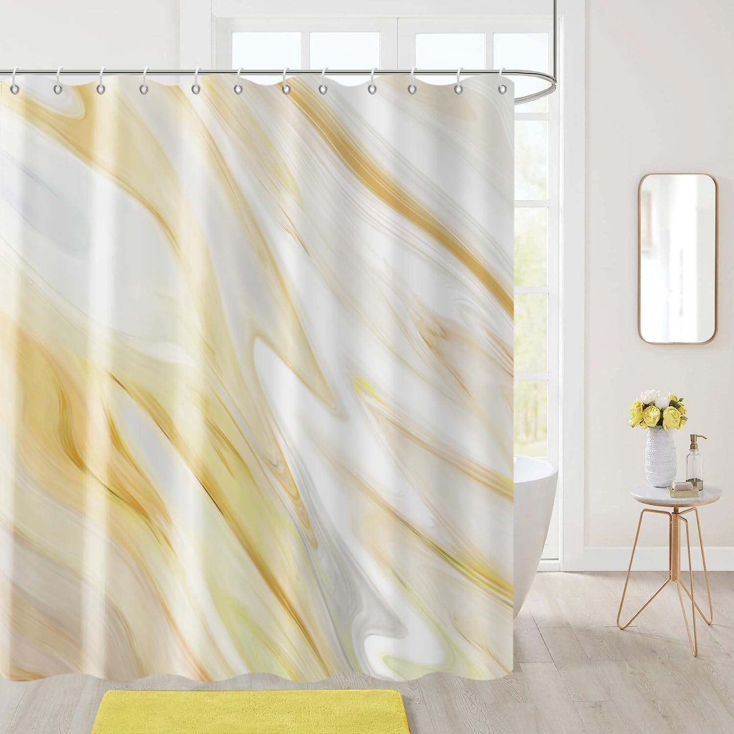 GCIREC Yellow Marble Stall Shower Curtain, Yellow Mix White Ombre Modern Abstract Wave Luxury Bathroom Curtain Bathtub Home Decor Waterproof Fabric Machine Washable with 8 PCS Hooks,120x180cm