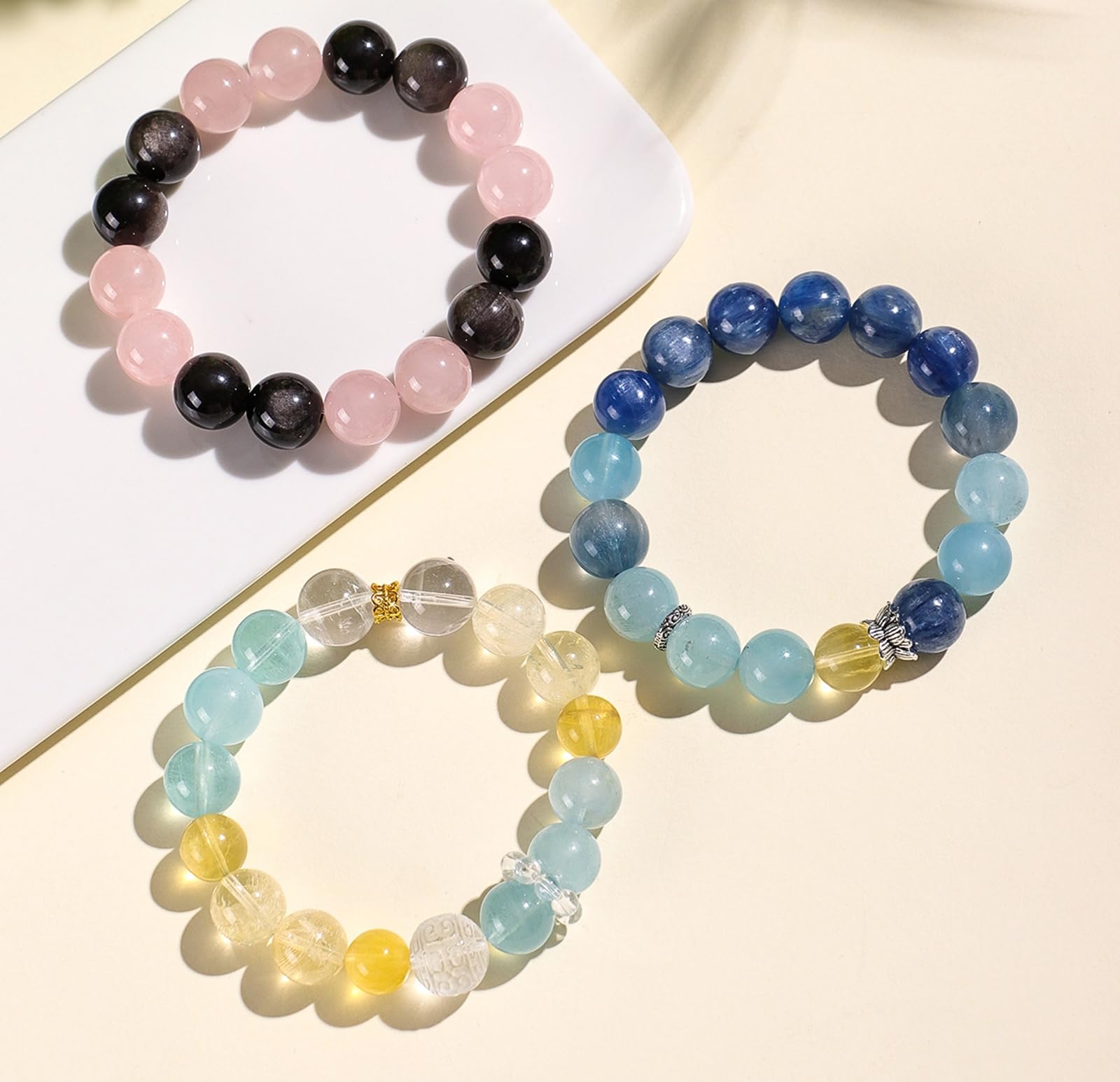 Pulsera de Cristal Natural Estilo Chino Flor de Resina Amarilla Zafiro Azul Cuentas de Cuarzo Blanco Hechas a Mano joyería de Regalo para Mujer,B