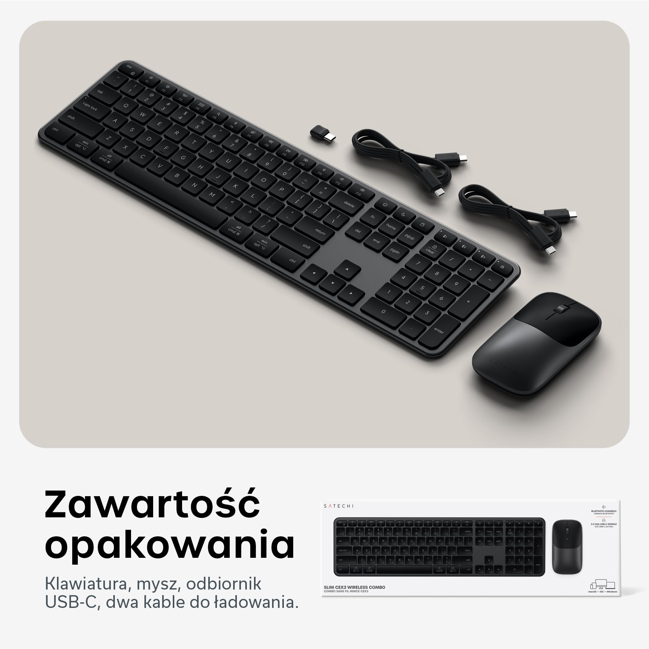 SATECHI klawiatura i mysz CEX3, amerykański układ QWERTY, gwiezdna czerń | Bluetooth, obsługa wielu urządzeń i odbiornik USB-C, pełnowymiarowa klawiatura; zgodność z MacBookiem i komputerami z Windows