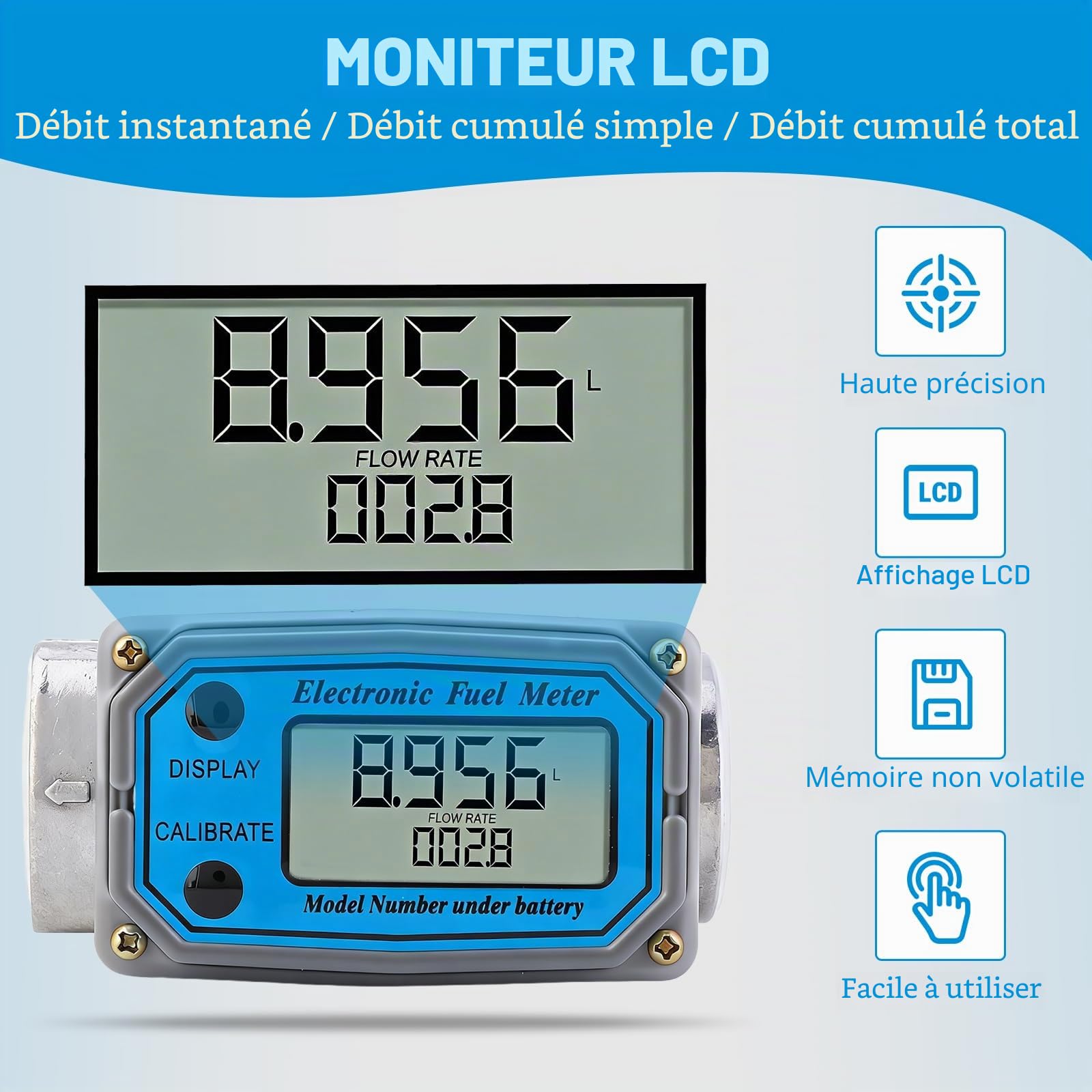 1 NPT Débitmètre à Turbine Numérique 15‑120L, Mini Débitmètres de Carburant, Water Flow Meter pour Mesurer Essence Carburant (Bleu)