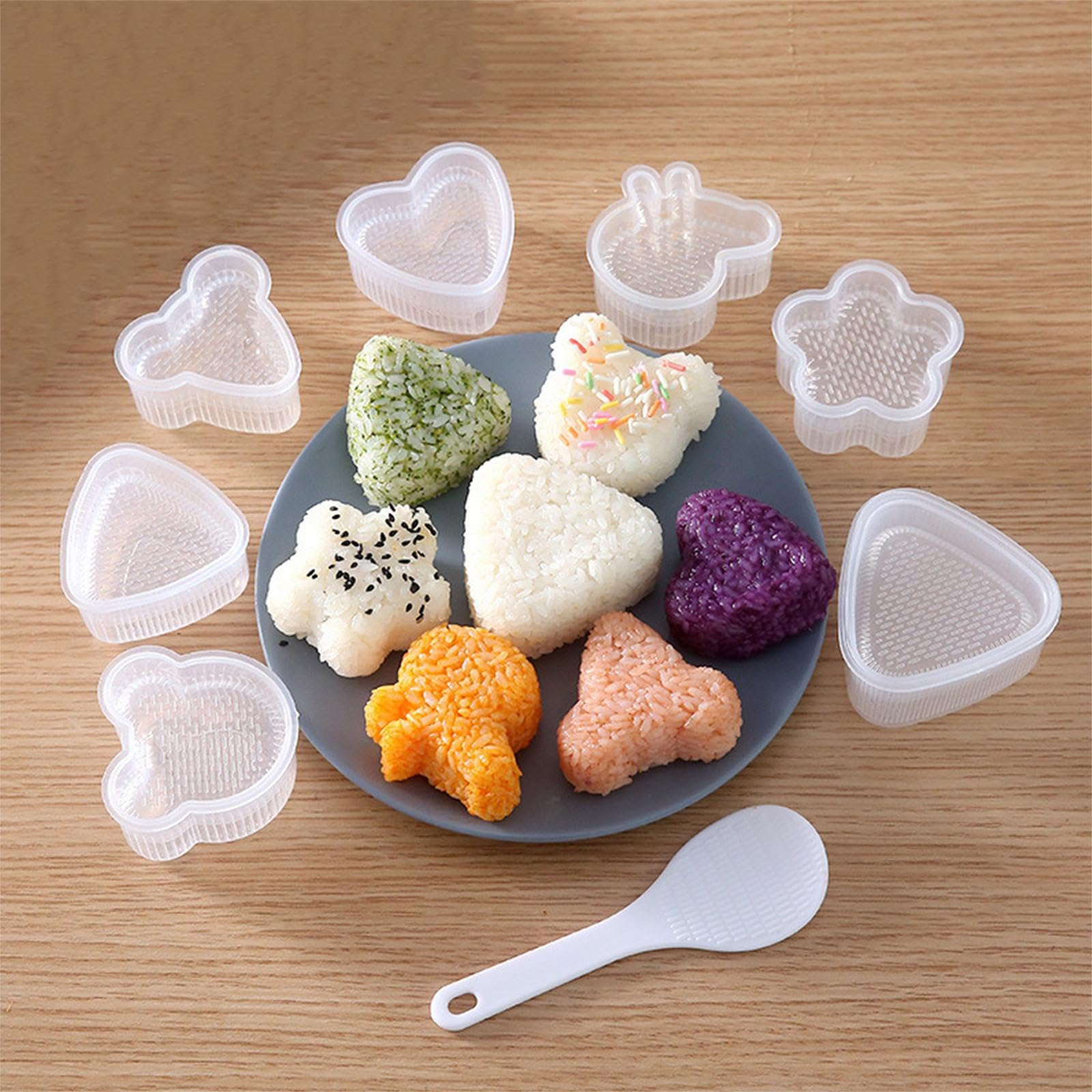 RUIENGCOMM 8Pcs Cartoon Onigiri Mould Rice Ball Maker Sushi Making Kit Craft Homemade Sushi Classic Triangle Sushi Mould for Home Kitchen Restaurants Soup Plates