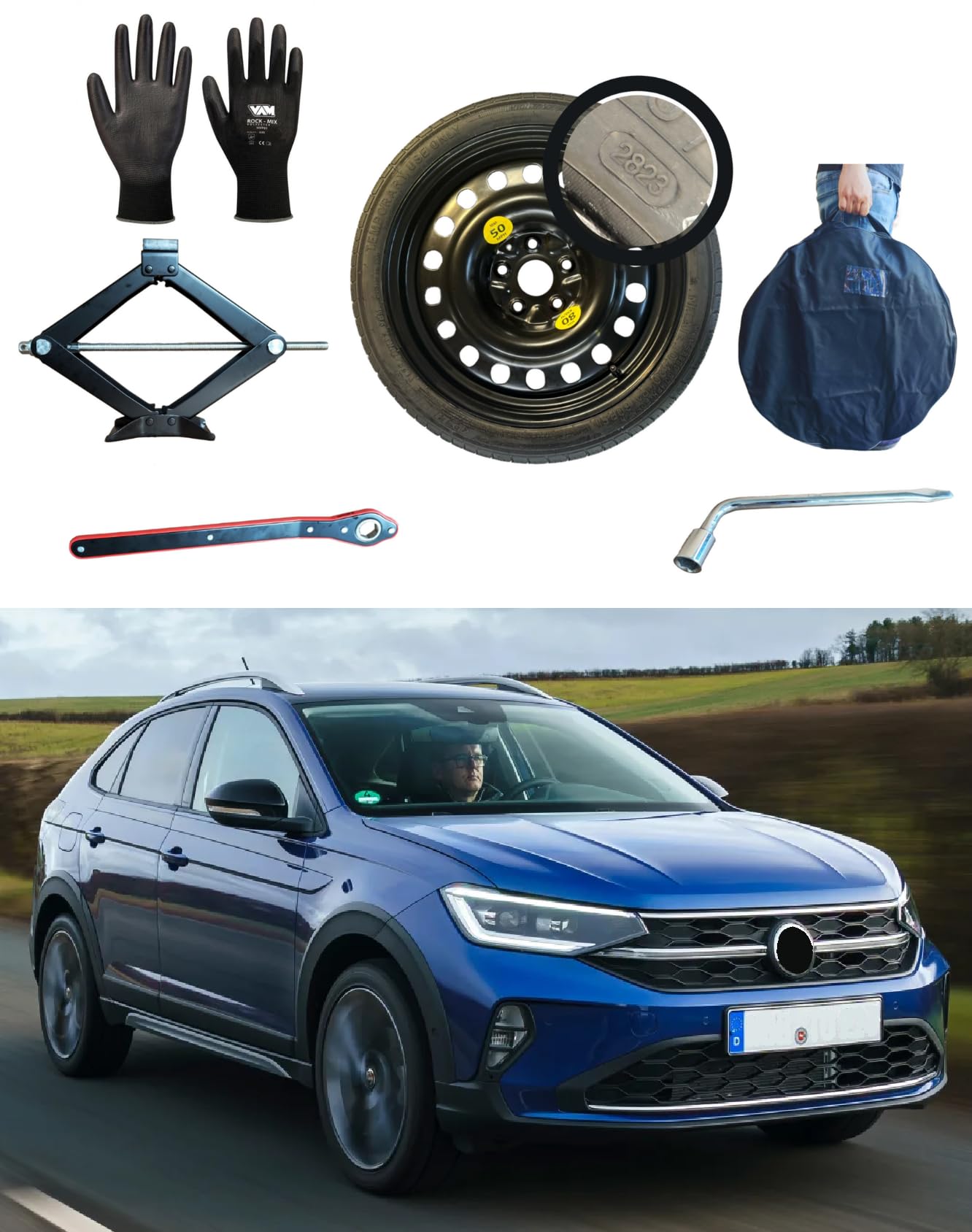 Kit de Rueda de Repuesto 17" compatible con Volkswagen Taigo con Gata, Llave, Guantes y Funda125/80R17