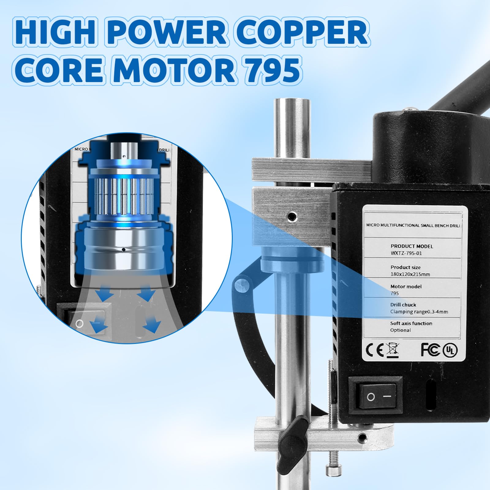 Mini Taladro de Columna, Taladro de banco de 200 W con 7 velocidades, carrera de perforación 50 mm, motor 795 y 0,3-4 mm portabrocas, taladro de mesa de 10000 rpm con tornillo de banco, enchufe UE