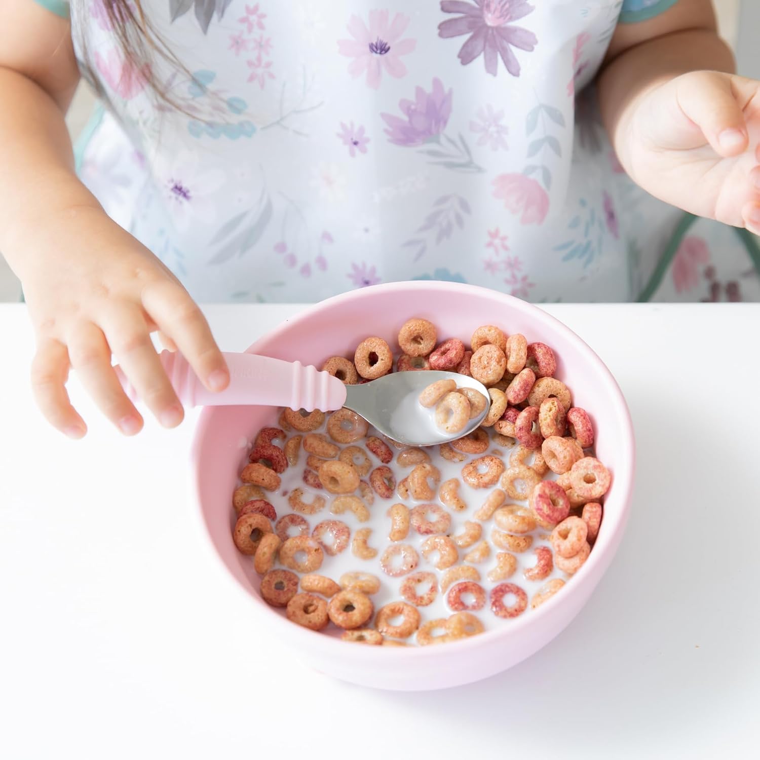 Bumkins Toddler Utensils, Kids Fork and Spoon Set, Silicone and Stainless-Steel Silverware, Angled Forks / Sporks for Self-Feeding, Children Training Flatware Cutlery for 18 Months Up, Pink - Image 4