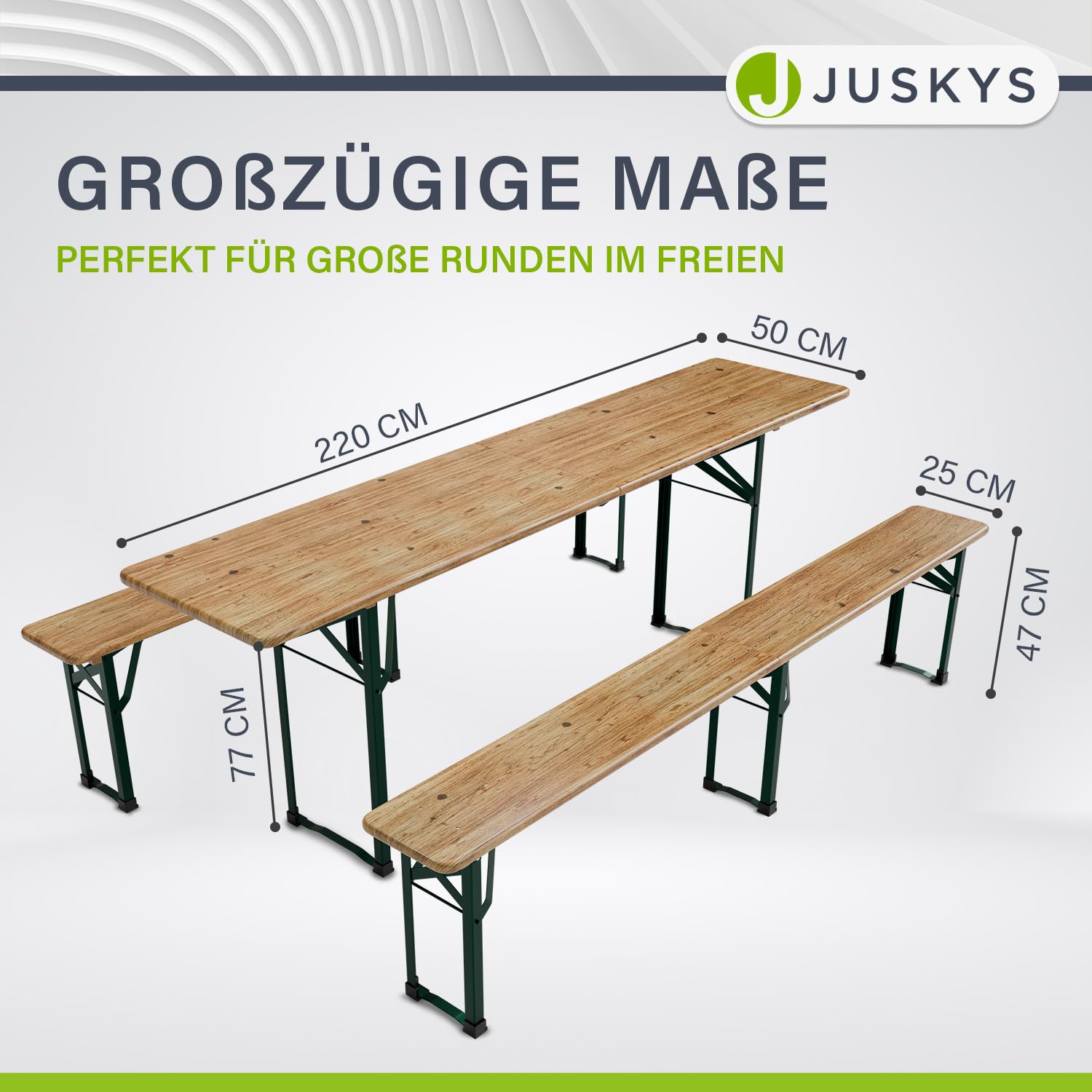 Juskys Set da giardino 3 pezzi, tavolo da birra pieghevole 220 cm e panche in legno di abete, finitura naturale, per tende da festa e uso esterno