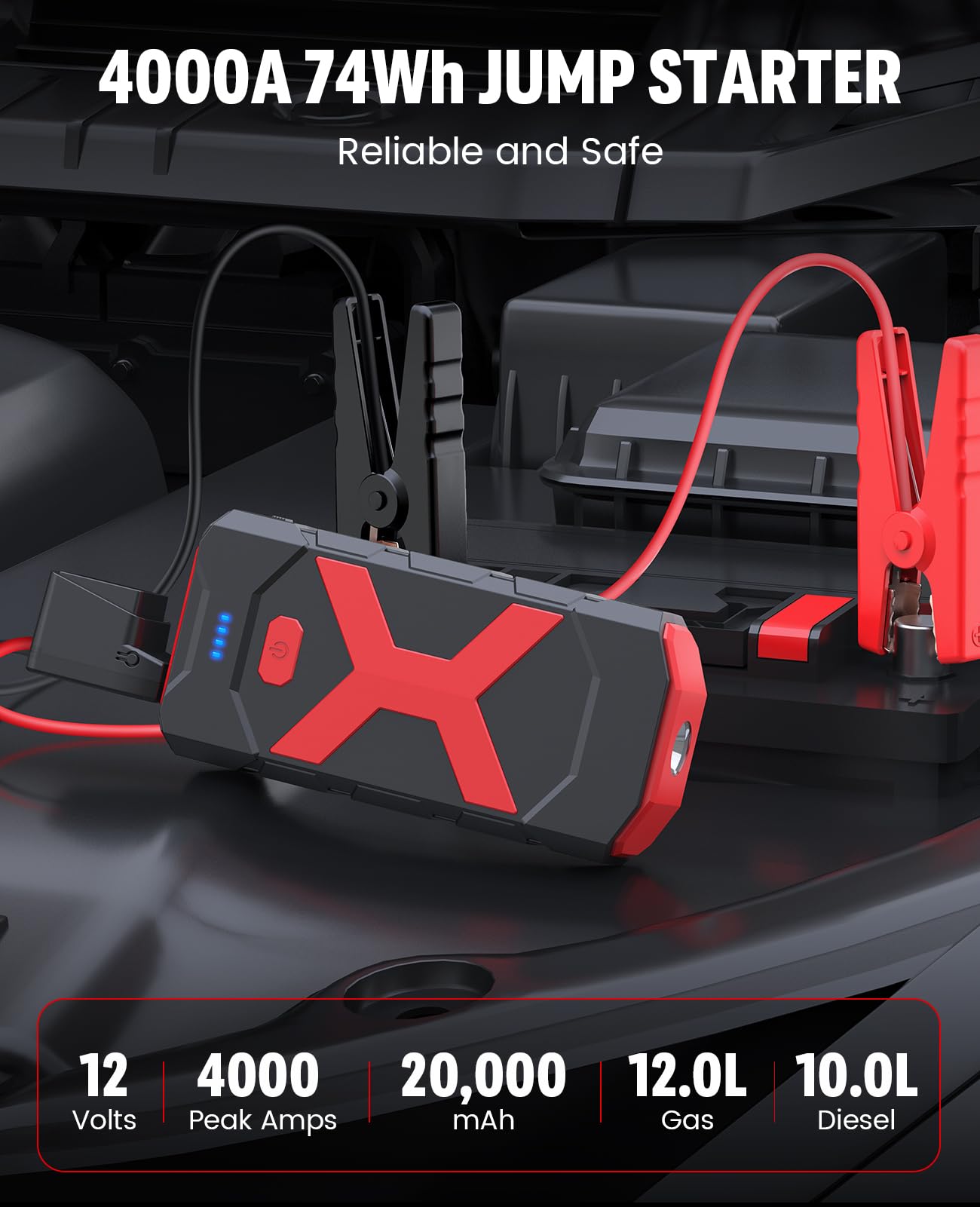 BOOKOO Arrancador A9 de 4000 A para coche, barco, cortacésped, motores diésel de 12 L de gas y 10 L, batería portátil de 12 V con cables de puente, puertos USB de carga rápida y USB C, 3 modos LED y