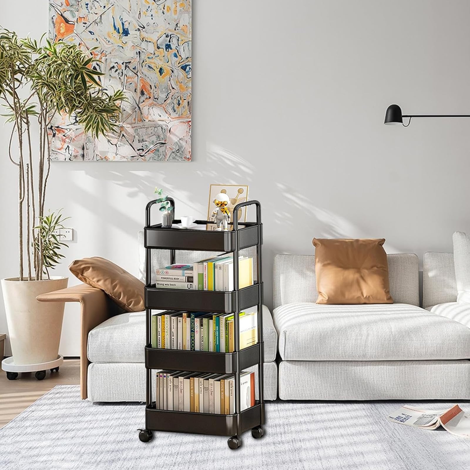 Carrito utilitario rodante de 4 niveles multiusos para cocina, baño, oficina, lavandería y maquillaje, versátil carrito rodante negro