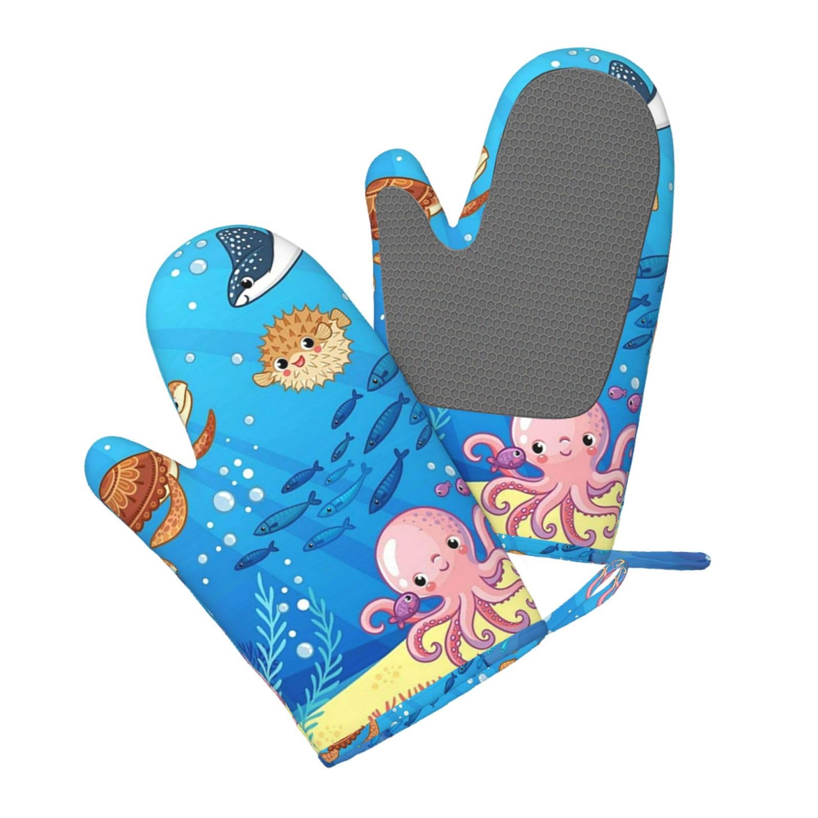 Silicone Oven Mitts Set 2PCS, Underwater world fish dolphin Printed Heat Resistant Non-Slip Silicone Oven Gloves for Kitchen Cooking Baking Microwave
