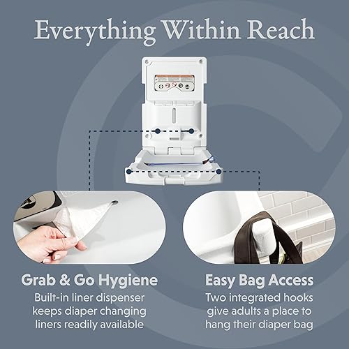 Miniatura 4 de Foundations Estación de cambio de pañales vertical clásica para bebé, montaje en pared, dispensador de forro integrado, correa de seguridad
