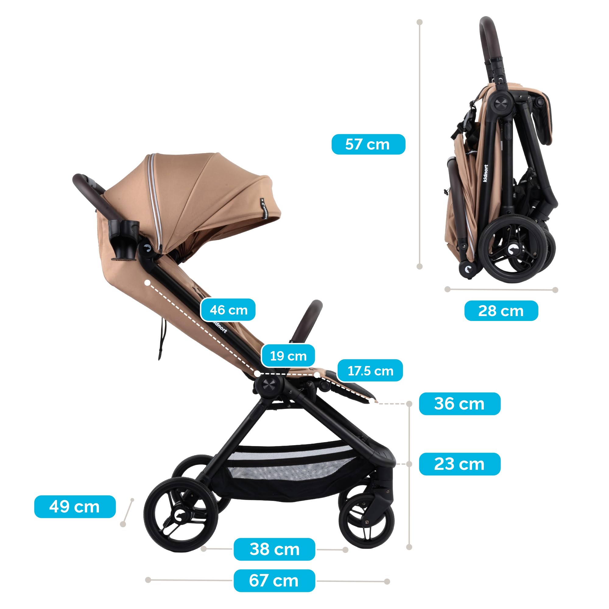 Snøugle Passeggino Leggero da Viaggio Pieghevole con una Mano fino a 22 kg Schienale Reclinabile Ruote Ammortizzate Cintura a 5 Punti Cappottina Estensibile Accessori Inclusi Beige