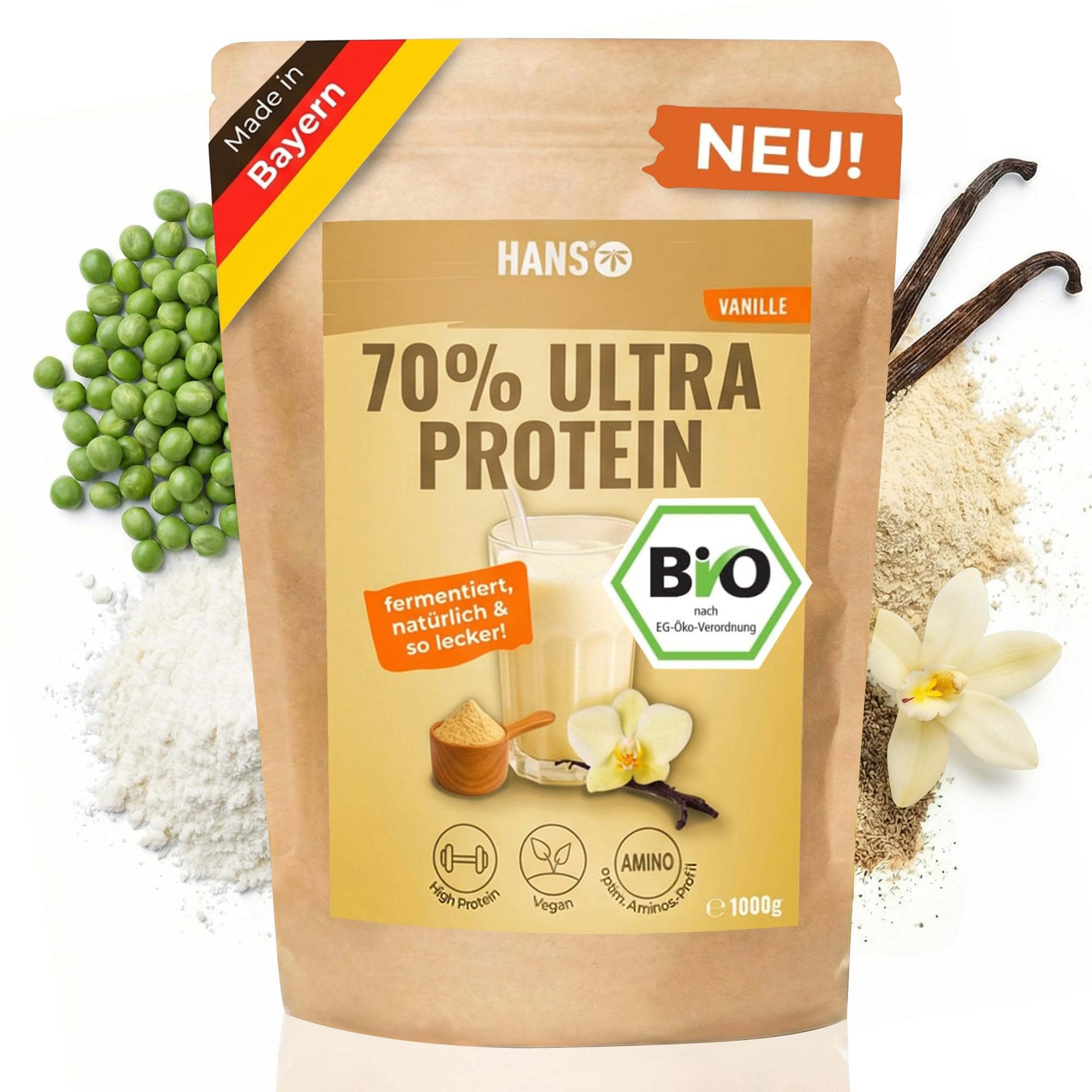 HANS Brainfood Veganes Proteinpulver Vanille - Bio Zertifiziert aus Bayern – 70% fermentiertes Erbsenprotein ohne Süßungsmittel, cremig & gut löslich – Protein Pulver vegan, 1kg