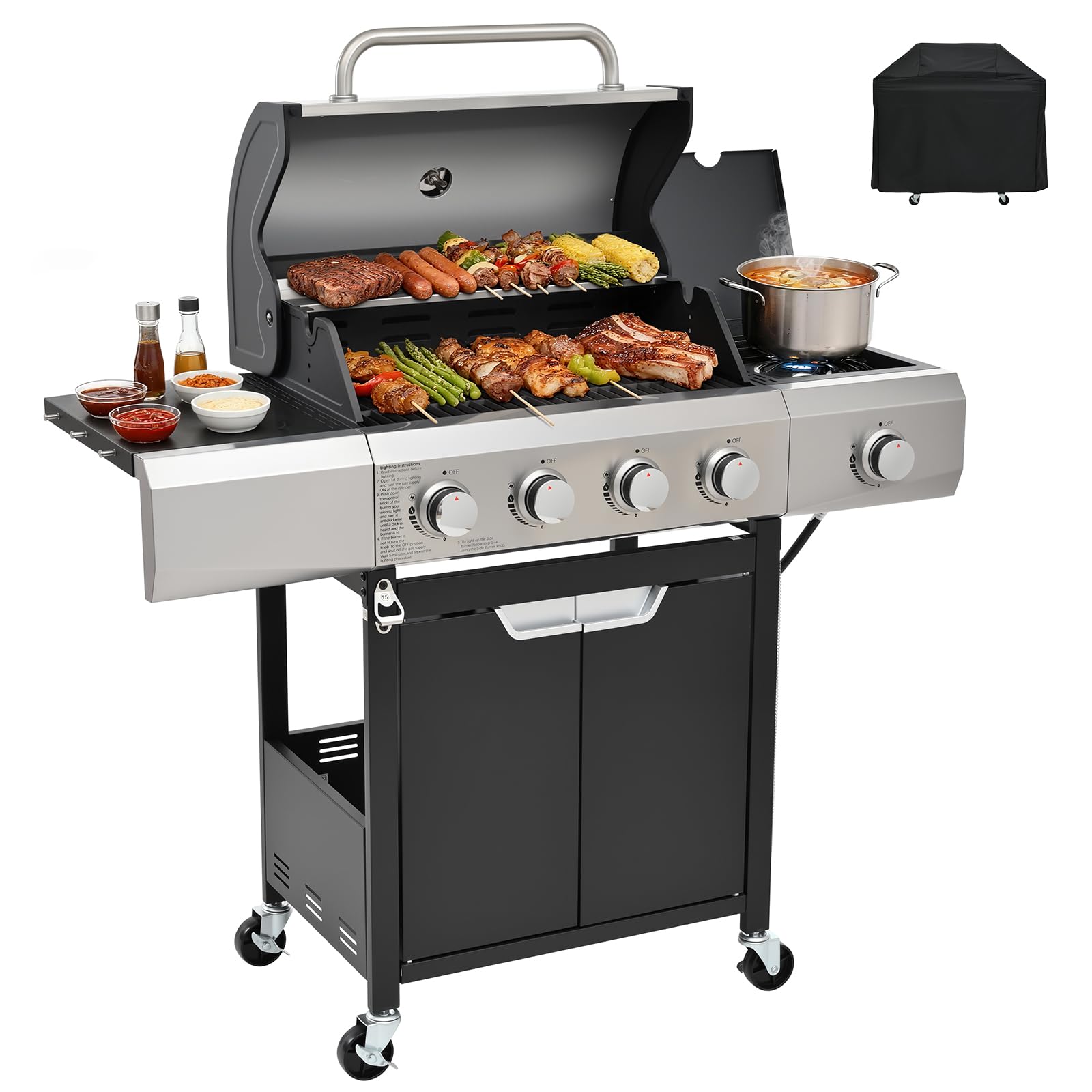 EUHOME 4-Burner Gas Grill with Side Burner & Cover