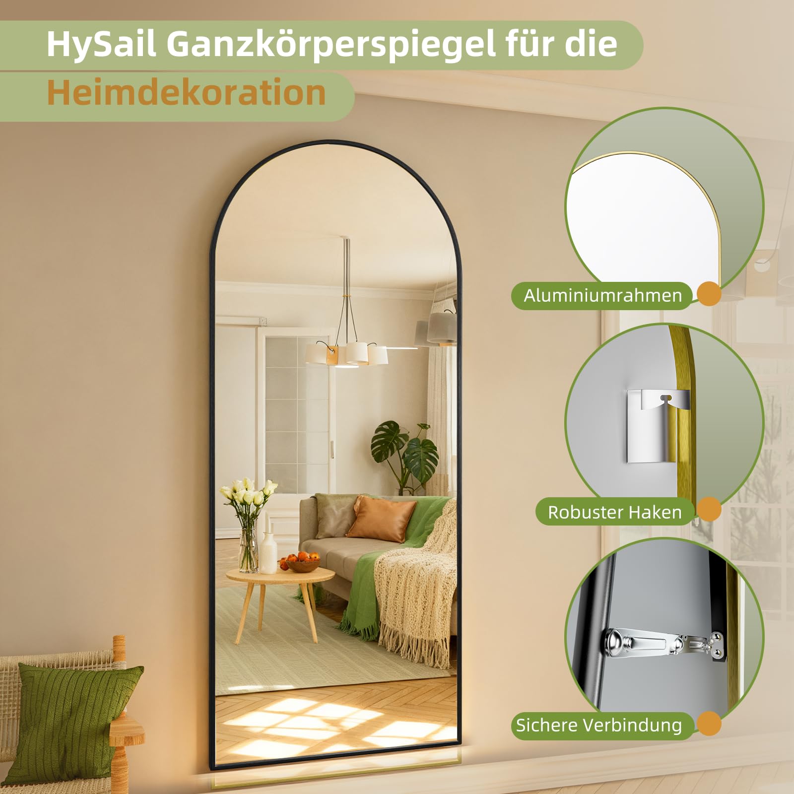 HySail Großer Bogenförmiger Ganzkörperspiegel – HD-Reflexion, Sicherheitsglas, Standspiegel und Wandspiegel, Vielseitig Einsetzbar für Wohnzimmer, Schlafzimmer und Flur