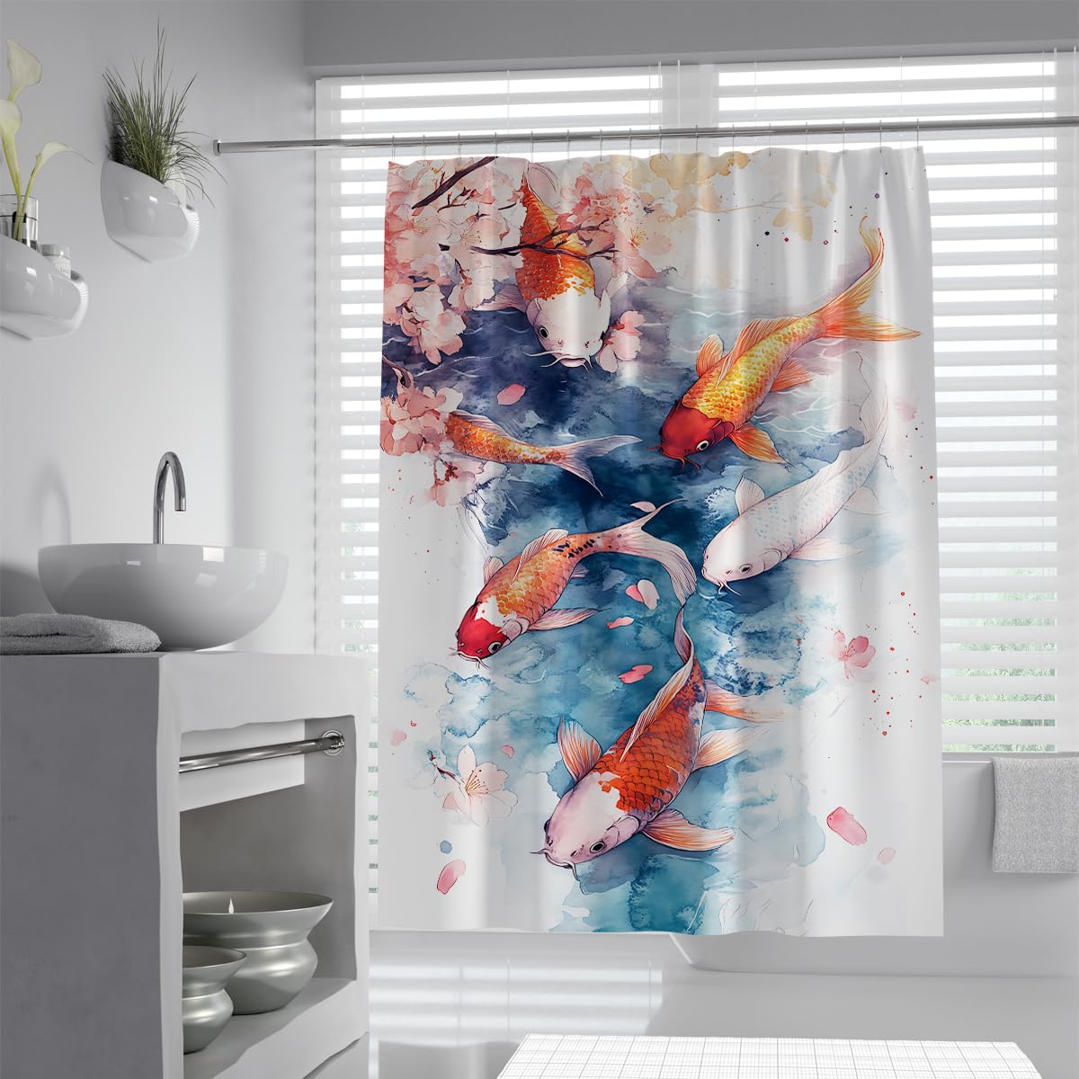UIRINGART Asian Fish Bathroom Screen W200xL240cm Quick Dry Mildew Resistant Traditional Chinese Painting Sakura Fabric Shower Curtain Rustproof Grommets Tub Liners Spa