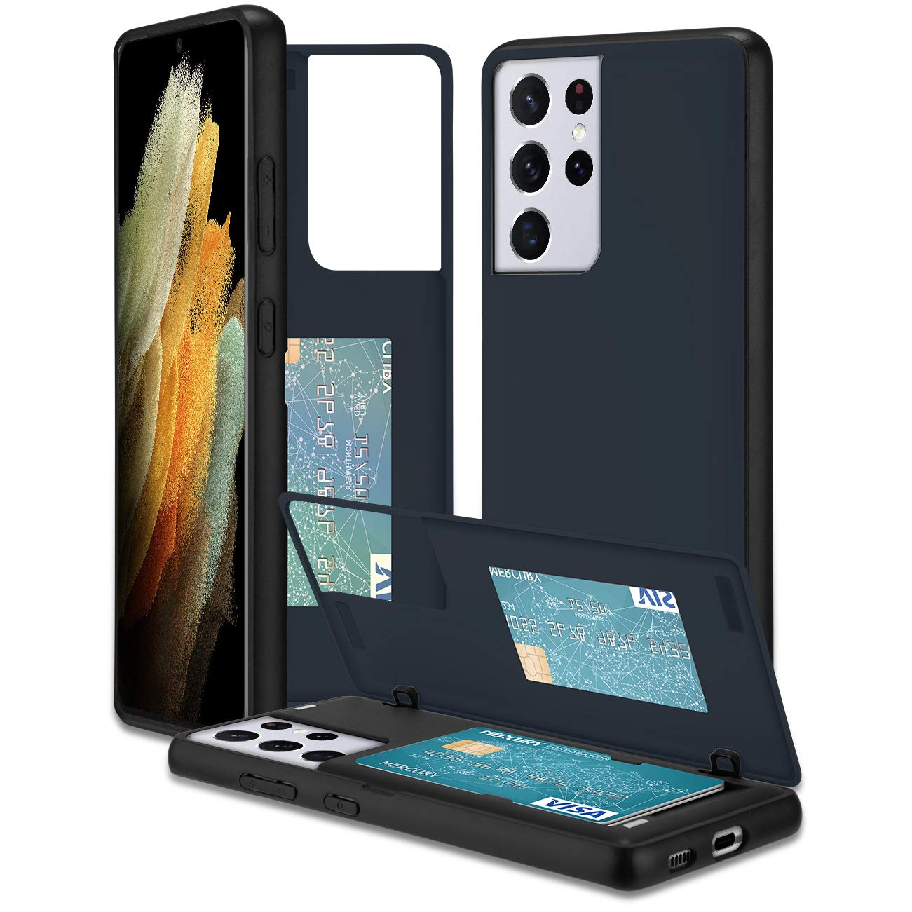 Goospery for Galaxy S21 Ultra 6.8"(2021) Card Holder Wallet Case, Easy Magnetic Door Closure Protective Dual Layer Bumper Sturdy Phone Back Cover with Hidden Mirror (Midnight Blue) S21U-MDB-NVY