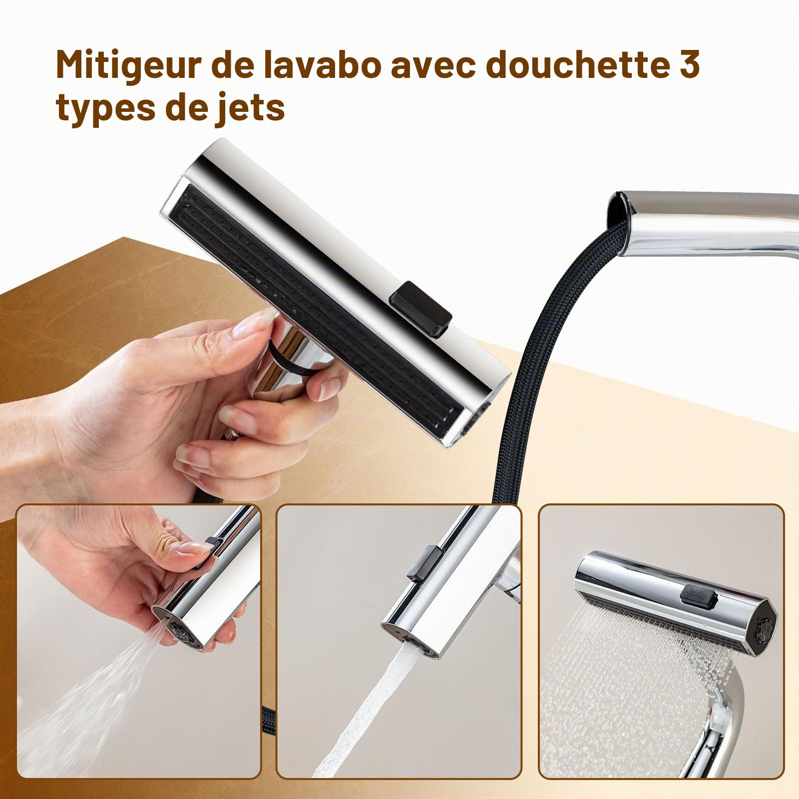Robinet Lavabo Extensible Robinet Salle Bain Indicateur Températ LED,Chromé | Robinet de Lavabo Douchette Extensible LakeBayMZC, Mitigeur Monocommande avec 3 Types de Jets pour Lavabos de Salle de Bains